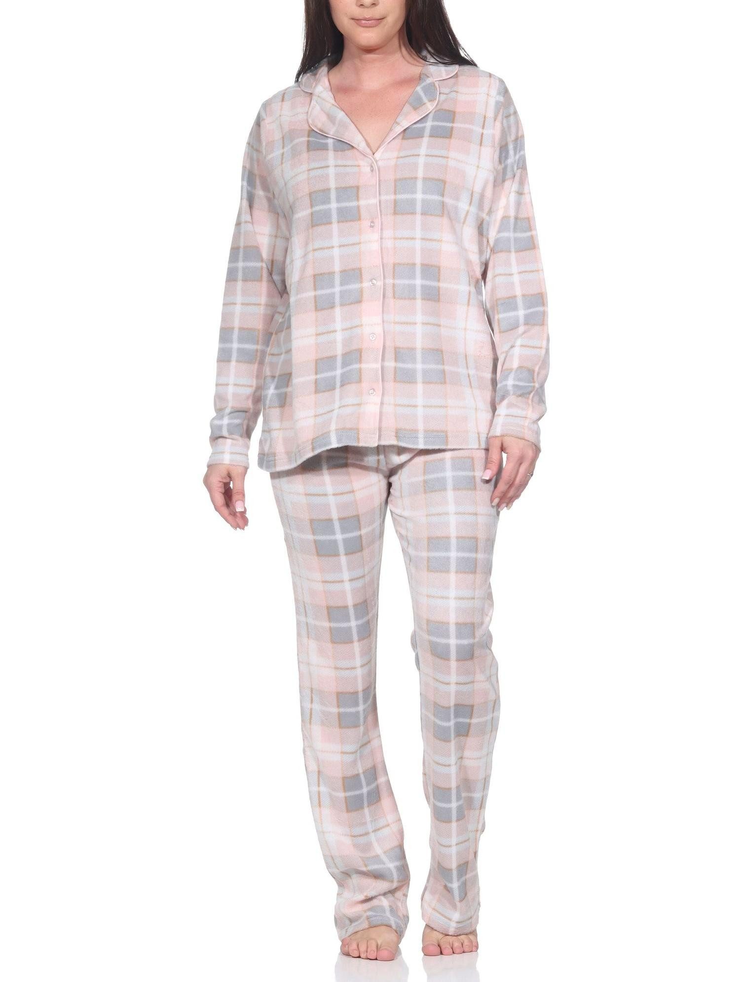 Pyjama Normann Damen Fleece Schlafanzug in edler Karo-Optik zum durchknöpfen