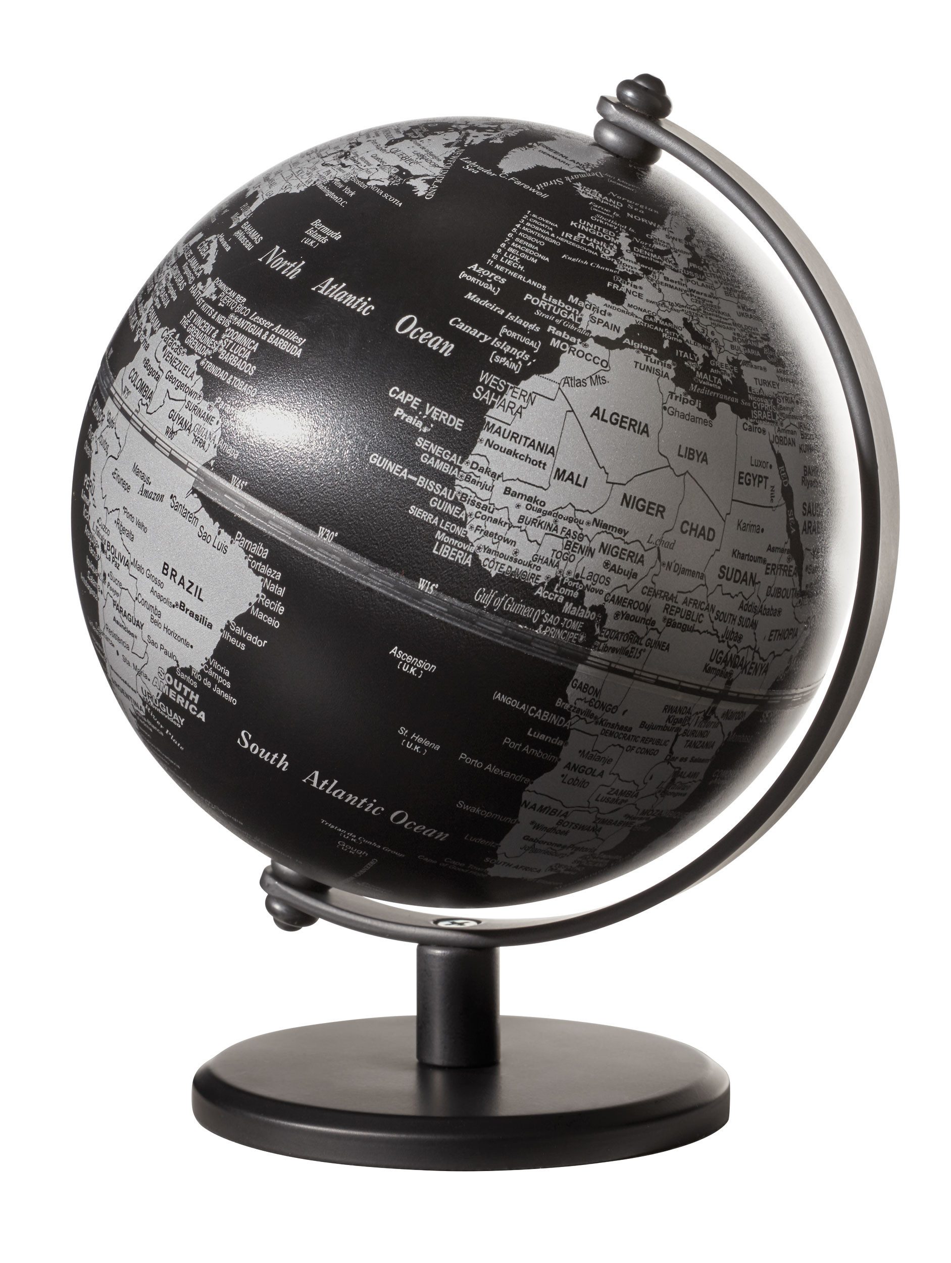 TROIKA Globus GAGARIN Mini-Globus mit drehbarer Achse und Metallfuß, Ø 13 cm, Schwarzer Metallfuß, matte Weltkugel fürs Büro