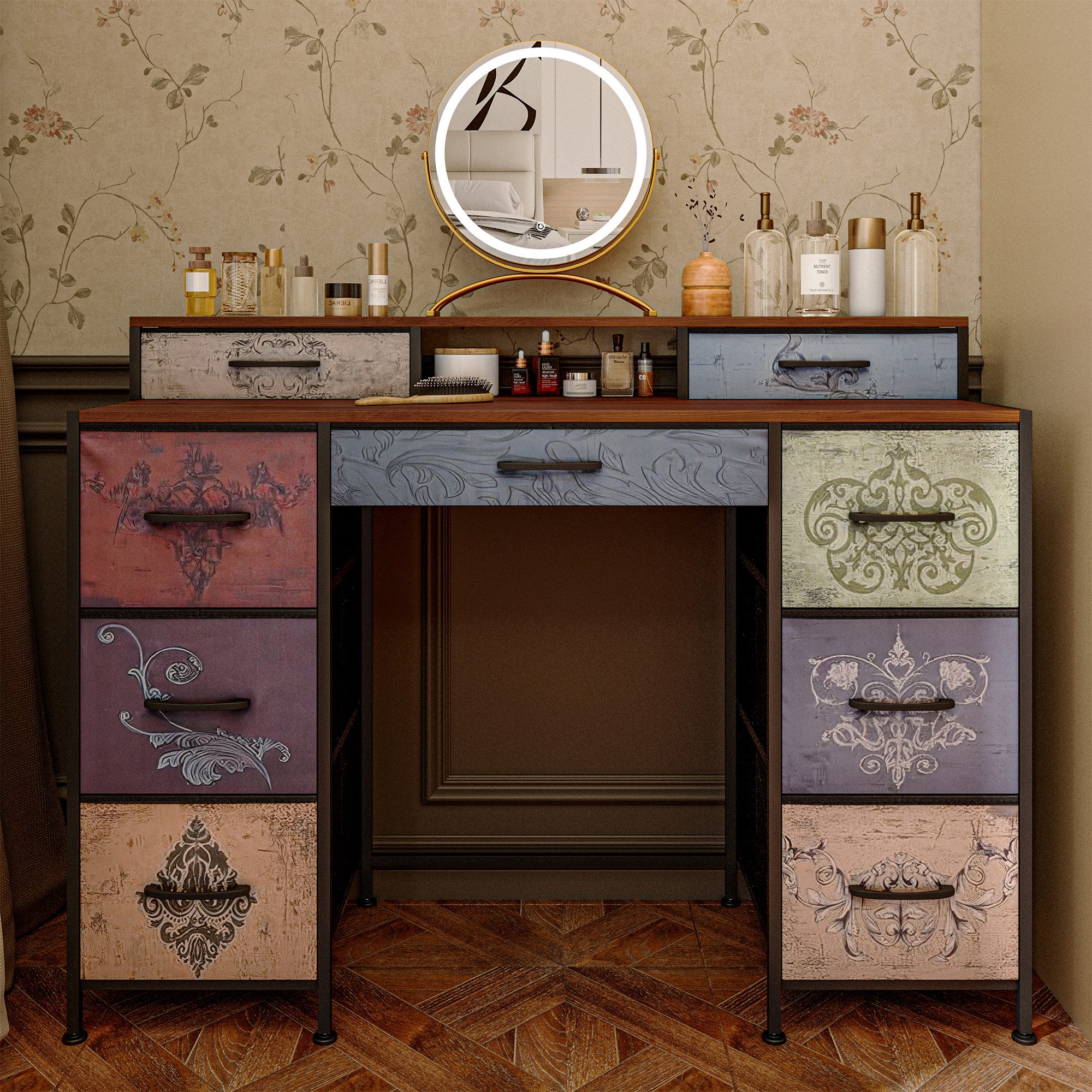 FUROKOY Kommode Vintage Stoffkommode Sideboard mit klappbaren Stoffschubladen (Schminktisch mit Stoffchubladen, Retro-schubladenschrank für Arbeitszimmer Flur Wohnzimmer Schlafzimmer), 9 Stoffschubladen