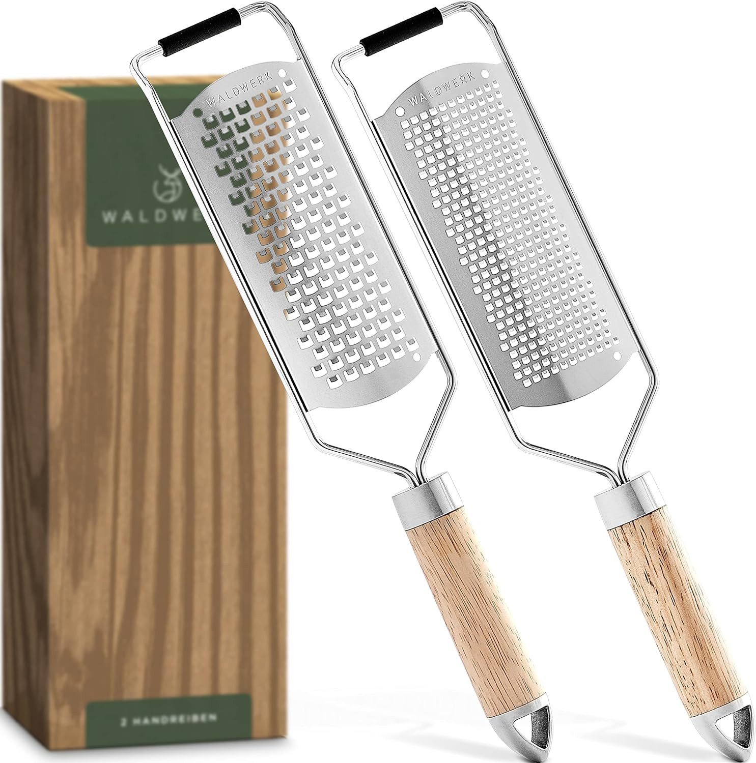 Waldwerk Käsereibe (2er Set) - Parmesanreibe mit Design Holzgriff - Zesterreibe aus, Edelstahl mit geätzten Schneiden, Reiben auch geeignet als Muskatreibe, Zitronenreibe, Ingwerreibe