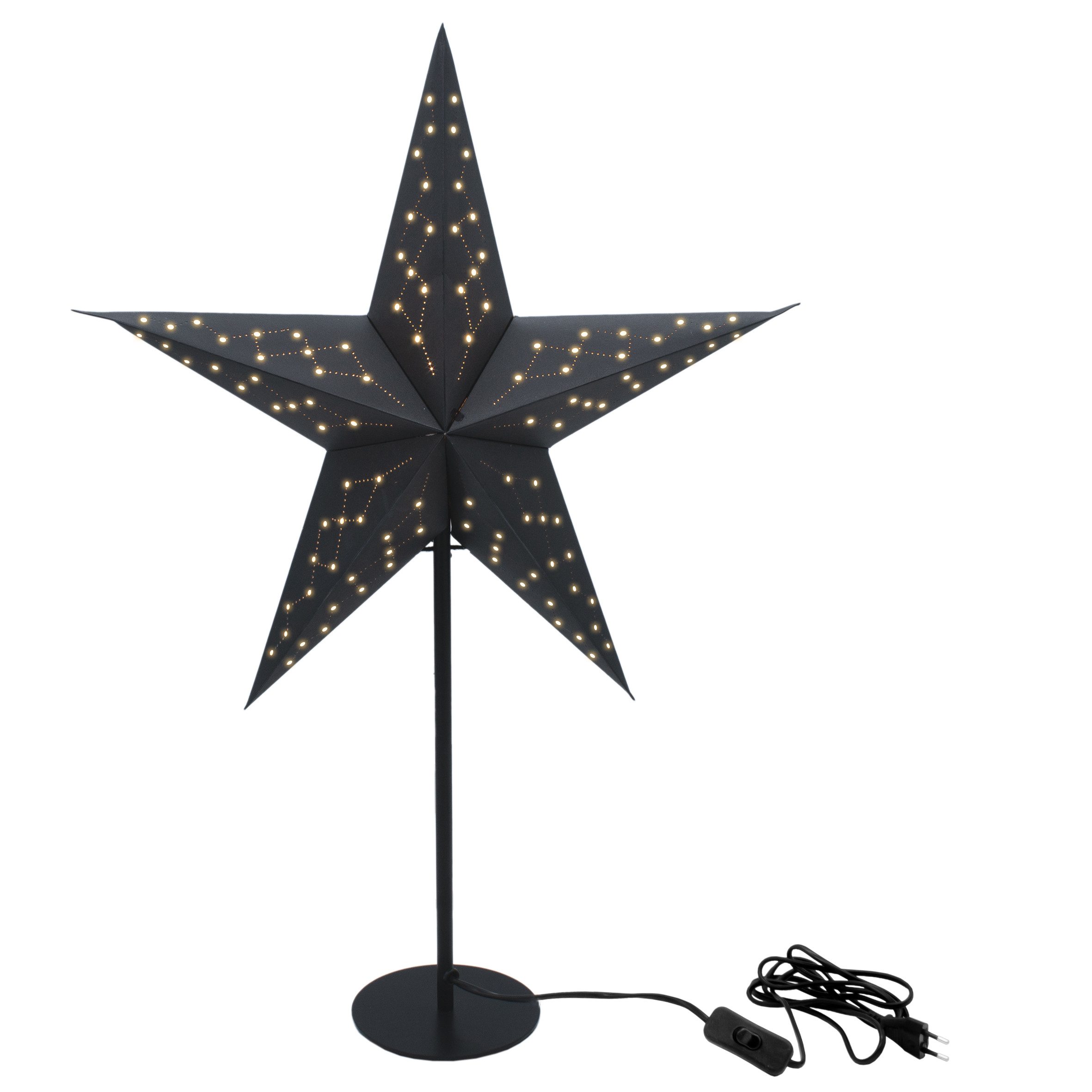 Spetebo LED Stern aus Papier schwarz für E14 Glühbirnen Ø 45 cm, mit Standfuß, LED wechselbar, warm weiß, mit Kippschalter am Stromkabel
