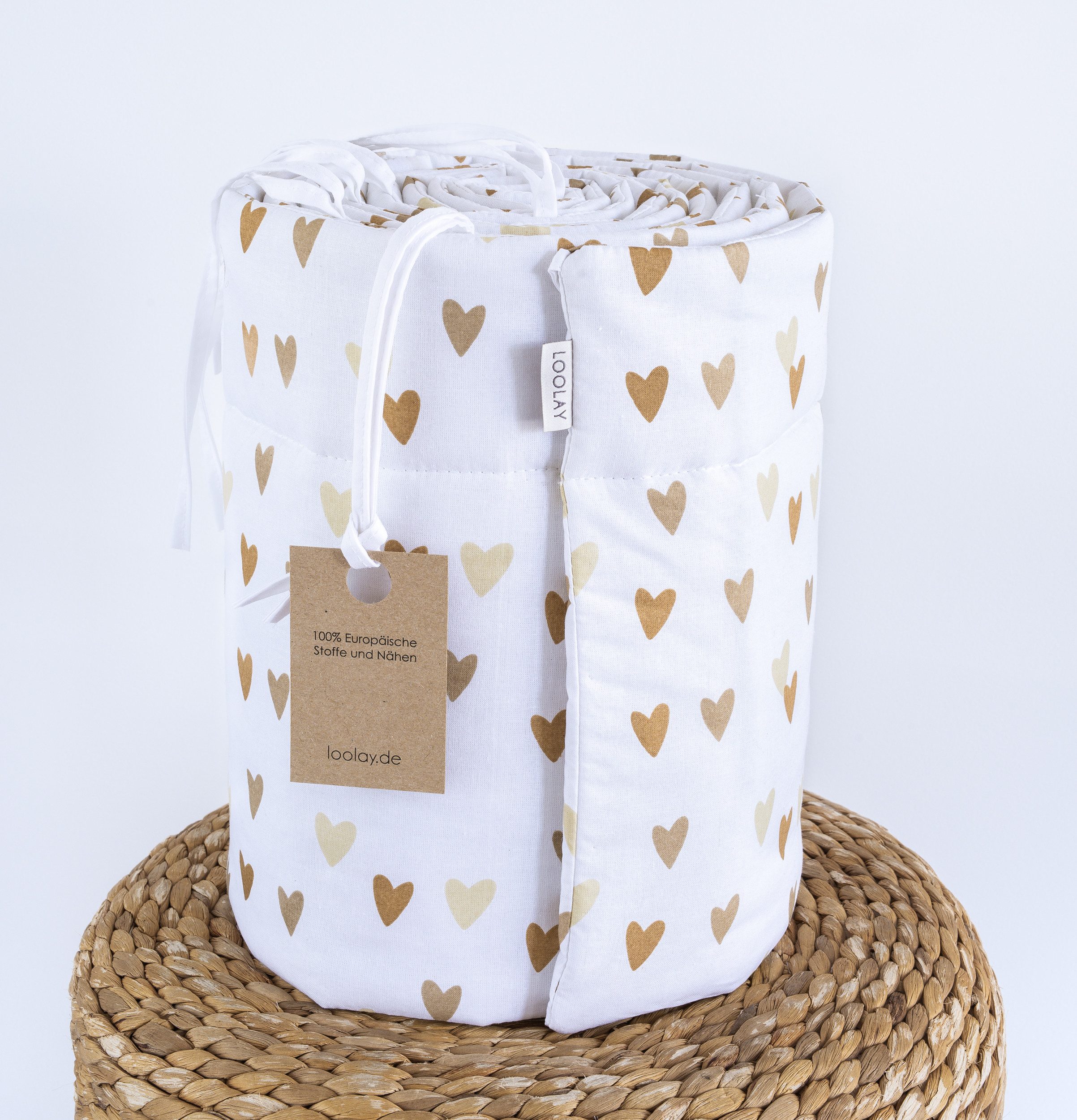 Loolay Bettnestchen HERZCHEN Beige Braun Baumwolle Atmungsaktives Babybett BETTUMRANDUNG, (Bett 140x70cm - 420, 210 cm, 120x60cm - 360, 180 cm, Babyaussttatung  – Bild 4 von 5