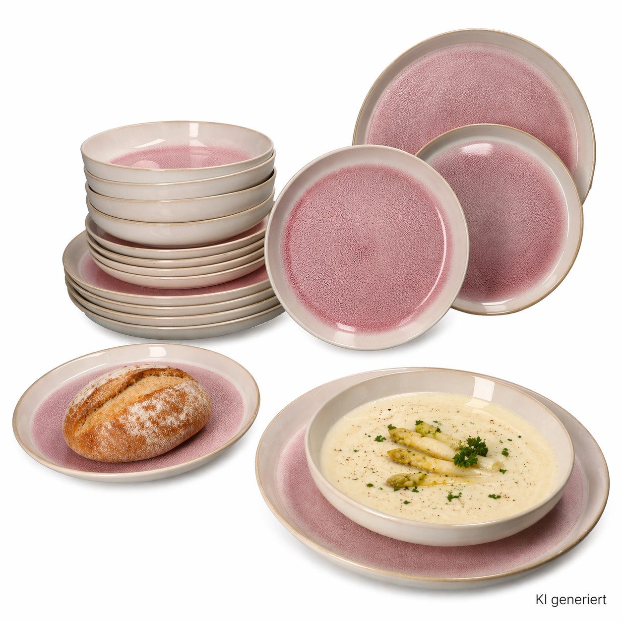 MamboCat Teller-Set 18tlg Tellerset Reactive Paris Creme Pink 6 Personen Steingut Essen, Steingut