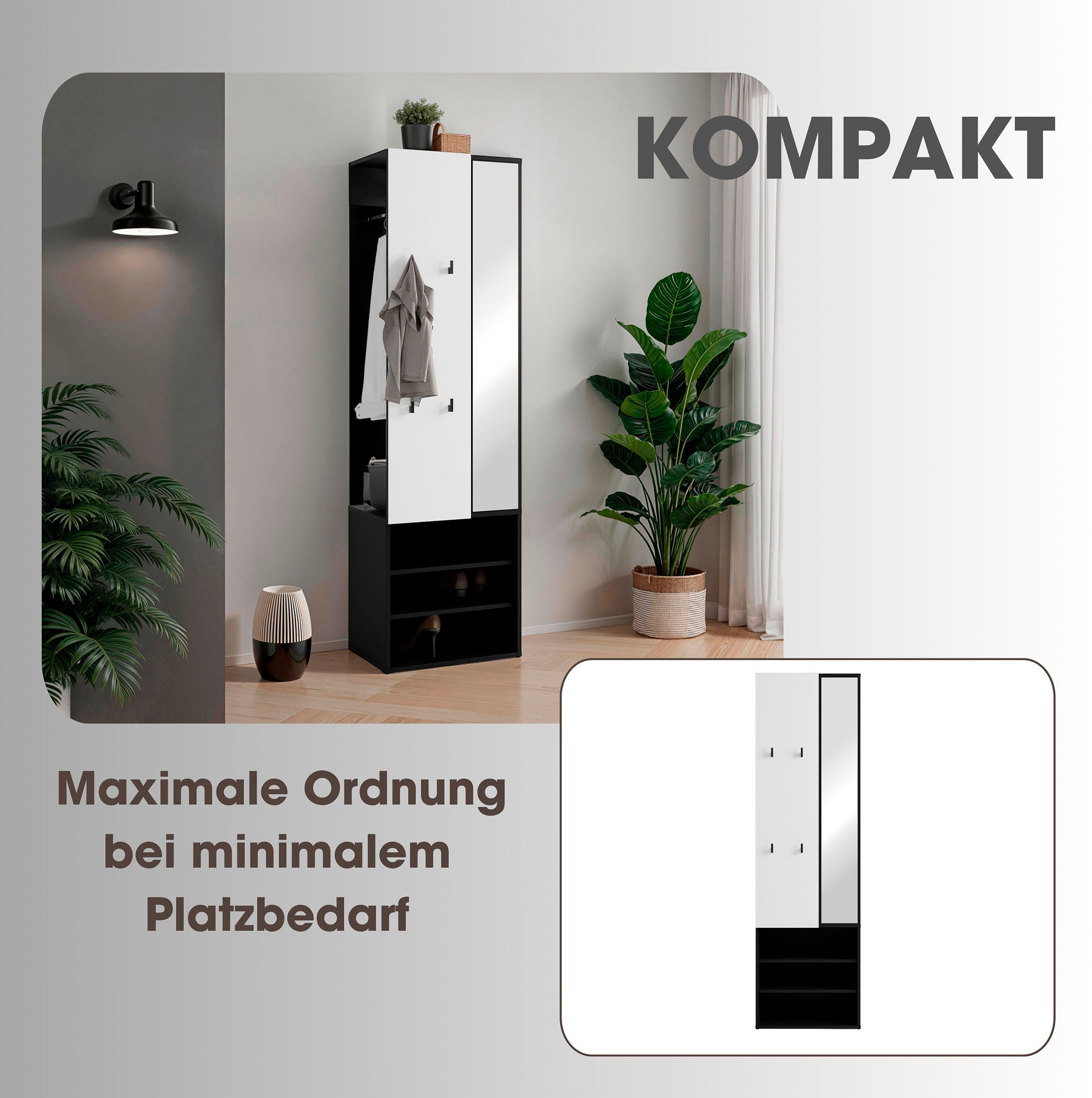 byLIVING Kompaktgarderobe Dielen - Set Andorra (1-St) maximale Ordnung auf wenig Fläche mit Spiegel, Kleiderstange und Haken
