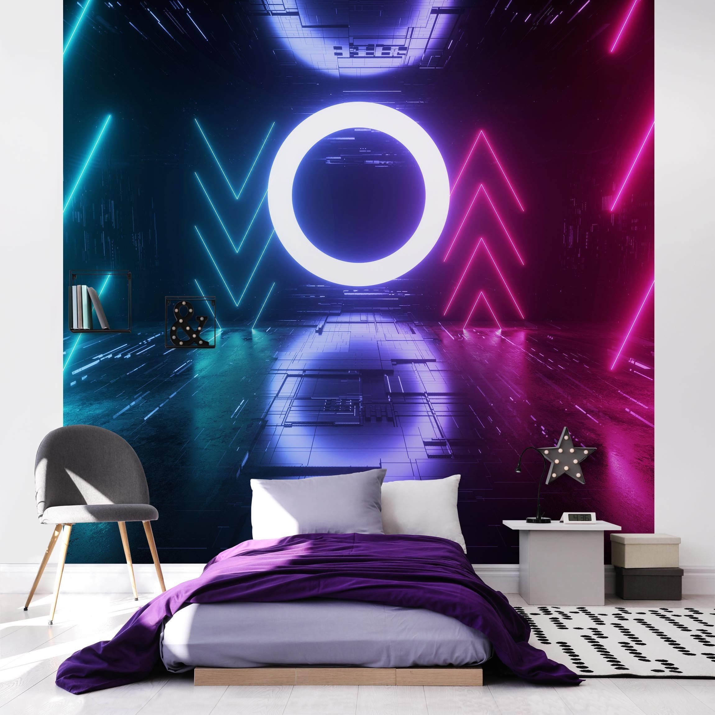 Bilderdepot24 Fototapete Gamer Bunte Neonlichter Wanddeko Modern Kunst 3D-Effekt, Glatt, Matt, (Vliestapete inkl. Kleister oder selbstklebend), Jugendzimmer Gaming Zimmer Tapete Wohnzimmer Vliestapete Wandtapete