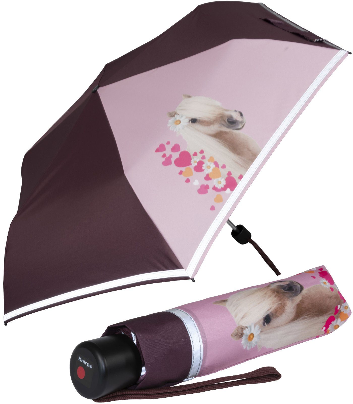 Knirps® Taschenregenschirm Kinderschirm 4Kids reflective mit Reflexborte, Sicherheit auf dem Schulweg, Pferde, Horselove
