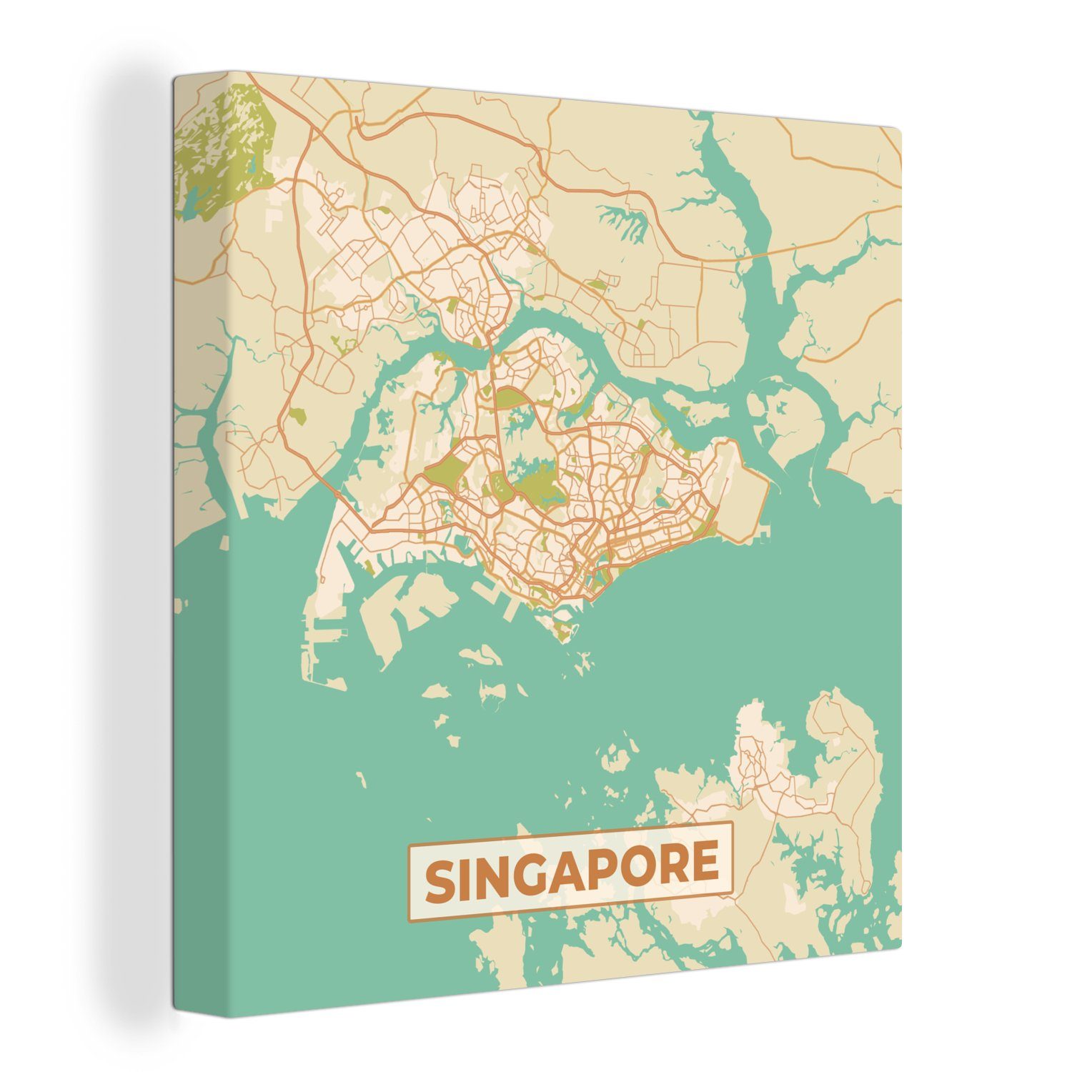OneMillionCanvasses® Leinwandbild Singapur - Karte - Stadtplan - Vintage - Karte, (1 St), Leinwand Bilder für Wohnzimmer Schlafzimmer