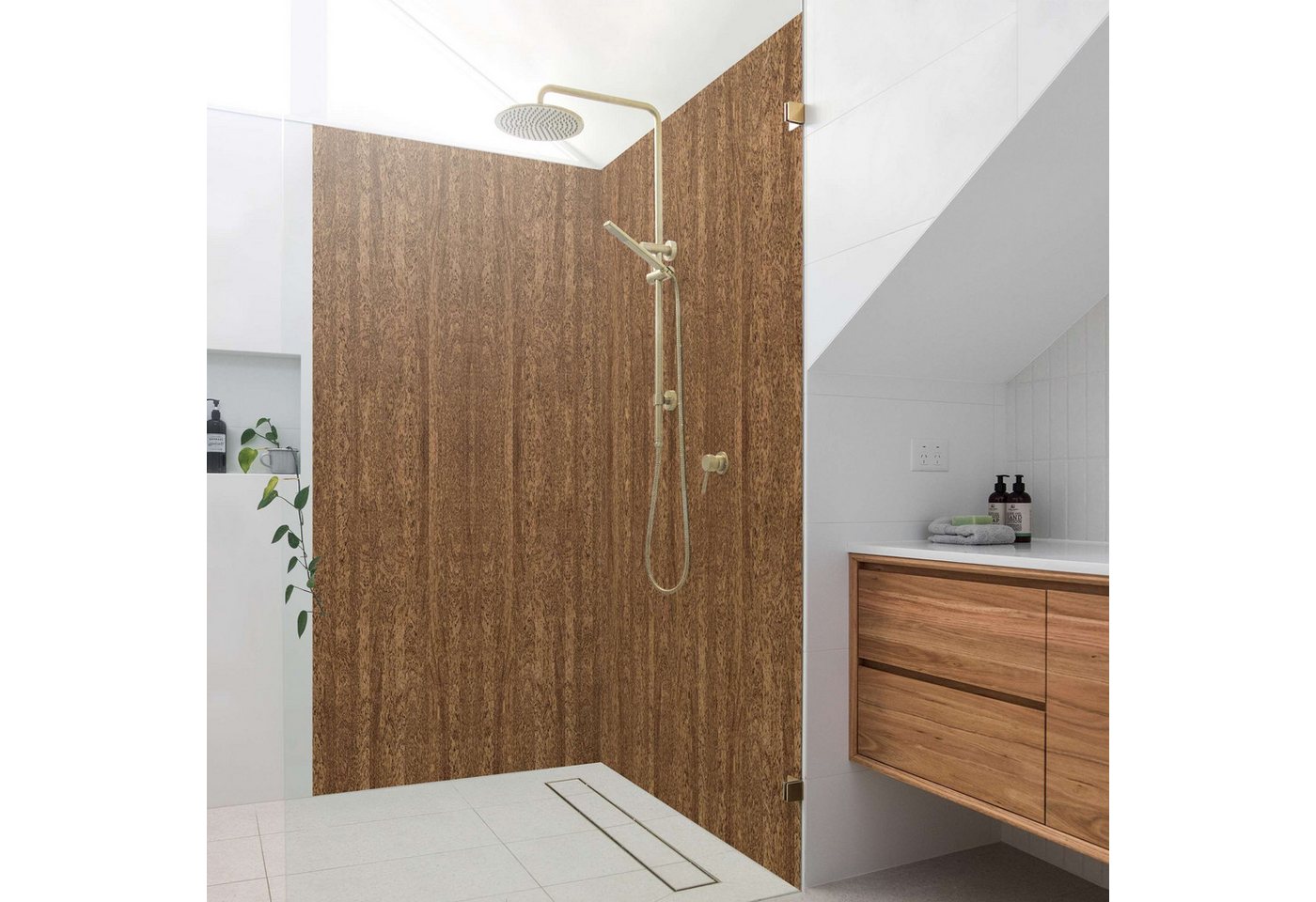 Thumbnail - Bilderdepot24 Badrückwand Holzoptik braun Duschrückwand ohne Bohren Dusche, (2-tlg., Hart-Folie Premium matt 0,61 mm), f...