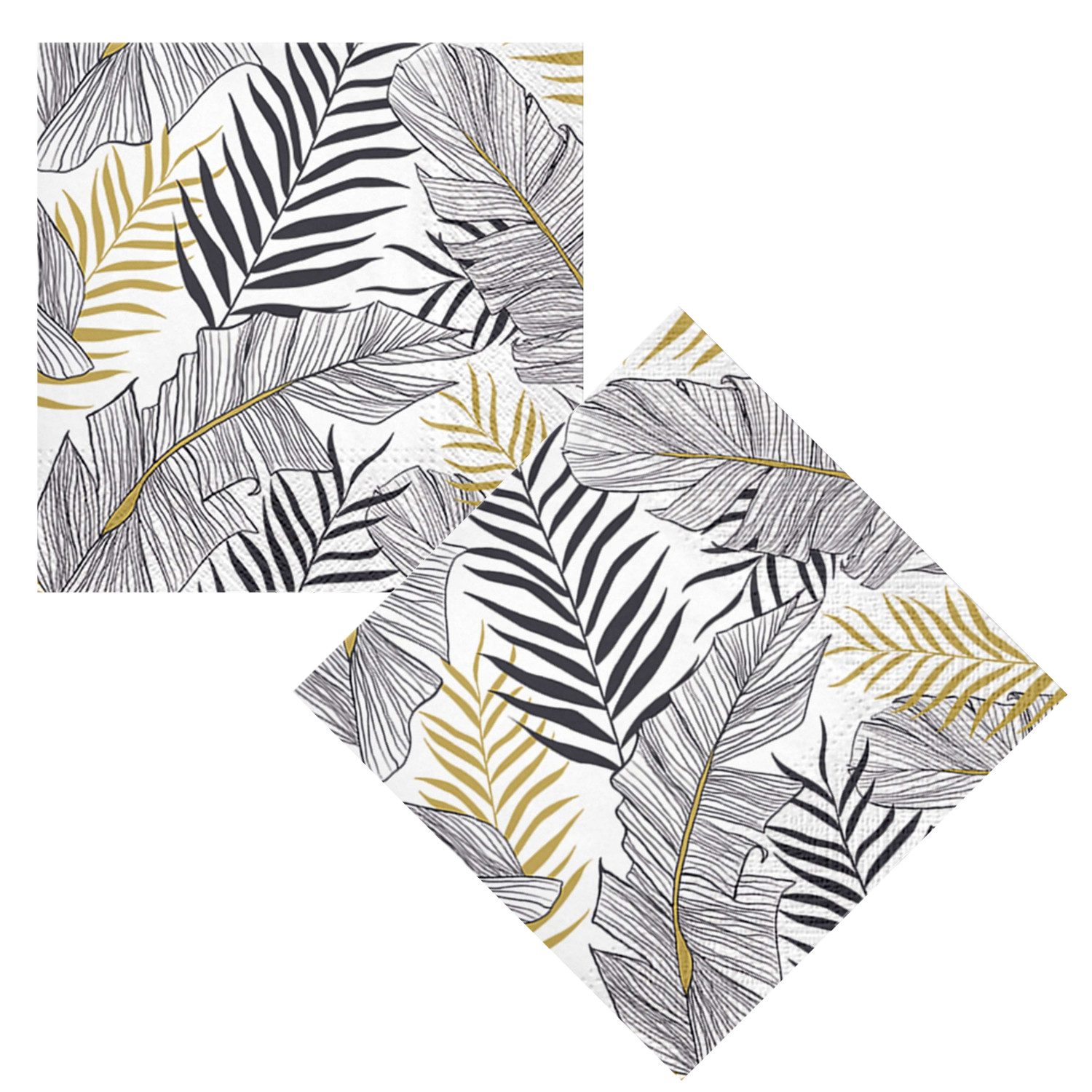 Macosa Home Papierserviette Servietten Set 40 Stk. 33 x 33 cm Blätter Motiv Tischdeko, (Partyservietten Einweg), Schwarz Weiß Gold Tisch-Deko Einwegservietten