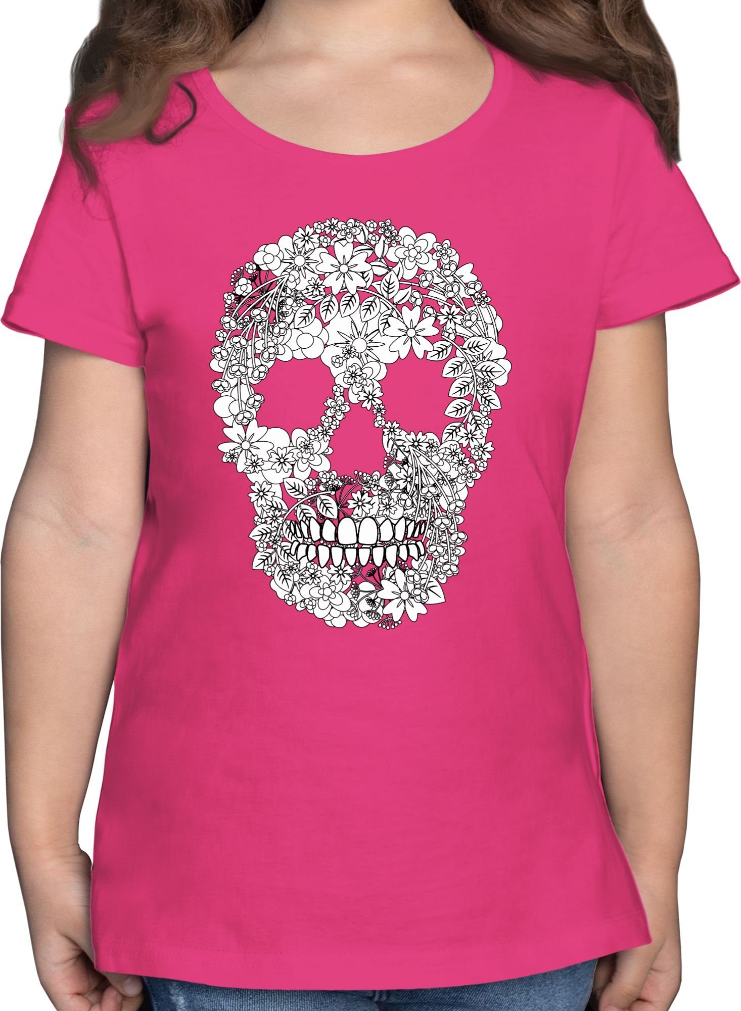 Shirtracer T-Shirt Totenkopf Blumen Skull Flowers Kindermotive 1 Fuchsia