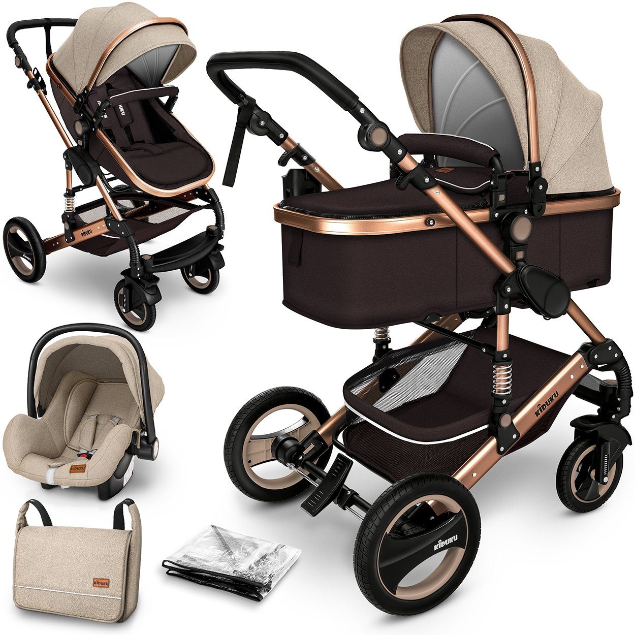 KIDUKU Kombi-Kinderwagen KIDUKU® 3 in 1 Kombi-Kinderwagen Buggy Reisebuggy, 3 in 1 Komplettset inkl. Babywanne Buggy Auto-Babyschale Fußsack, Voll-Gummireifen Wickeltasche Regenschutz Kindertisch Braun