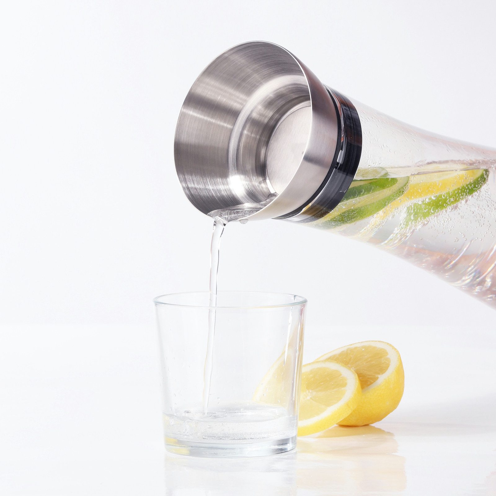 Haushalt International Karaffe Wasserkaraffe Trinkbehälter Glas 1L 34,5cm Ausgießer, (1-tlg), Edelstahl Ausgießer, 1 Liter, Glasbehälter, Tropffrei