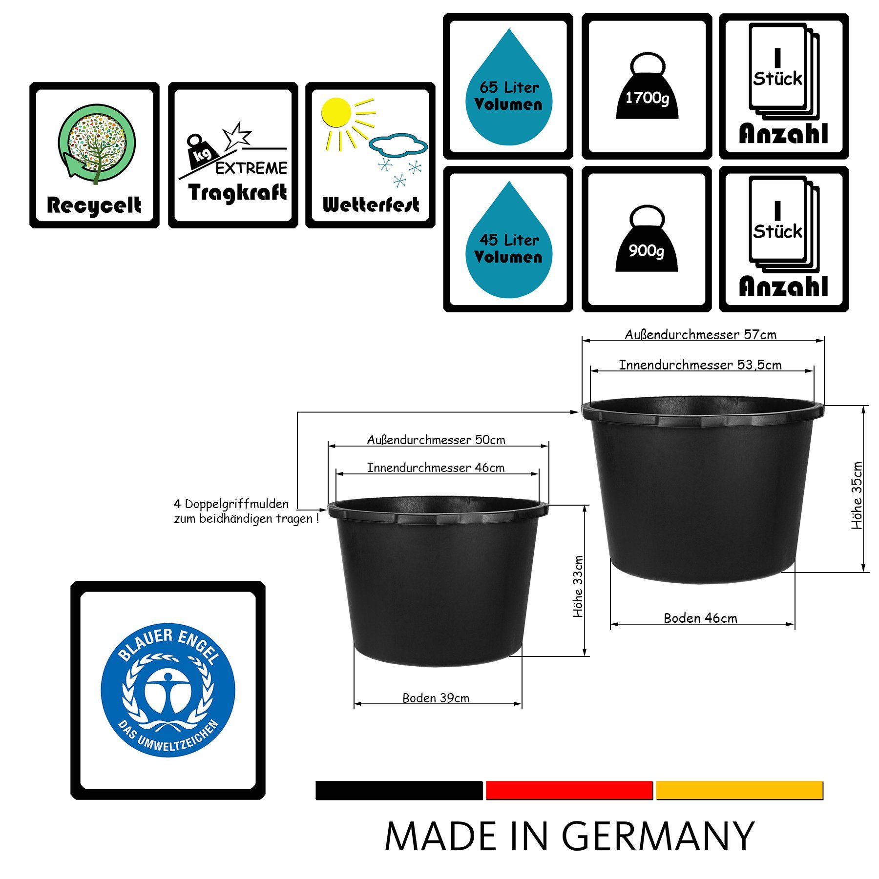 Made in Stk. Baueimer 1 + 65 Stk. Mörtelkübel BigDean Germany Rund 1 L Mörtelkasten L 45