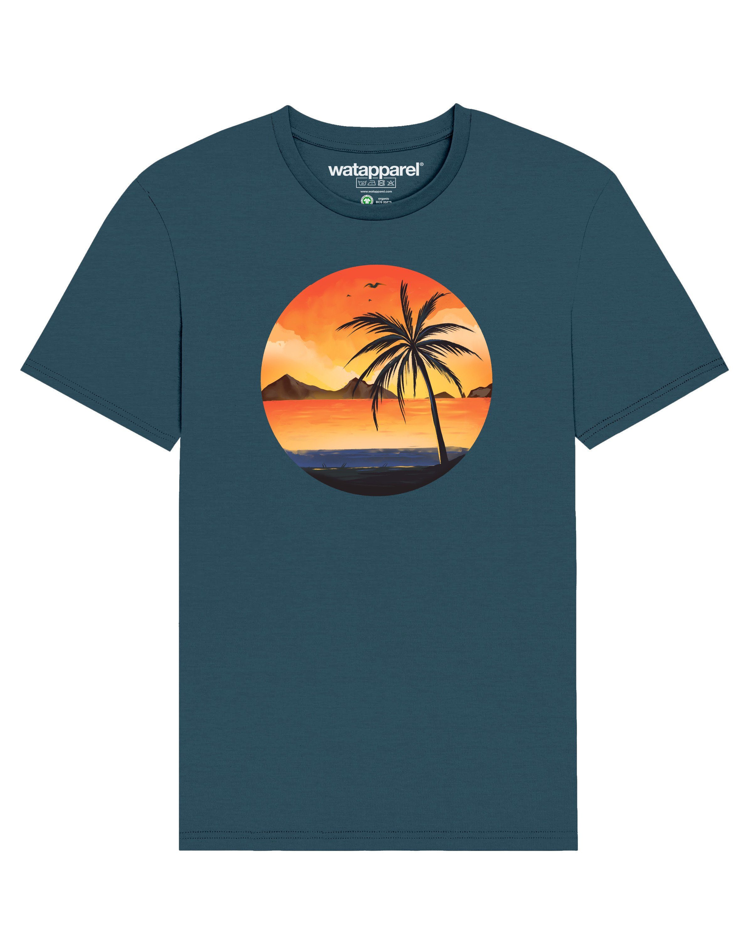 (1-tlg) wat? on beach Sunset palm Apparel Print-Shirt pertrol