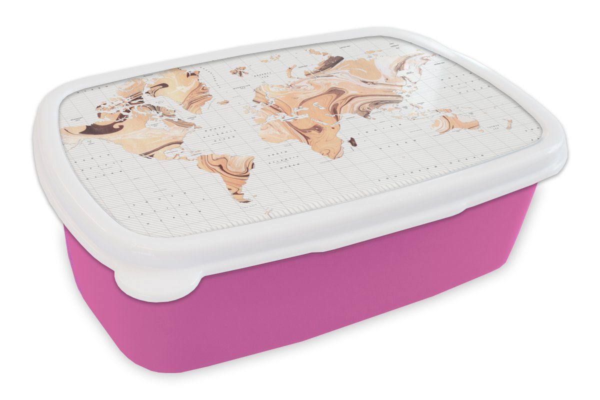 MuchoWow Lunchbox Weltkarte - Farbe - Braun, Kunststoff, (2-tlg), Brotbox für Erwachsene, Brotdose Kinder, Snackbox, Mädchen, Kunststoff rosa