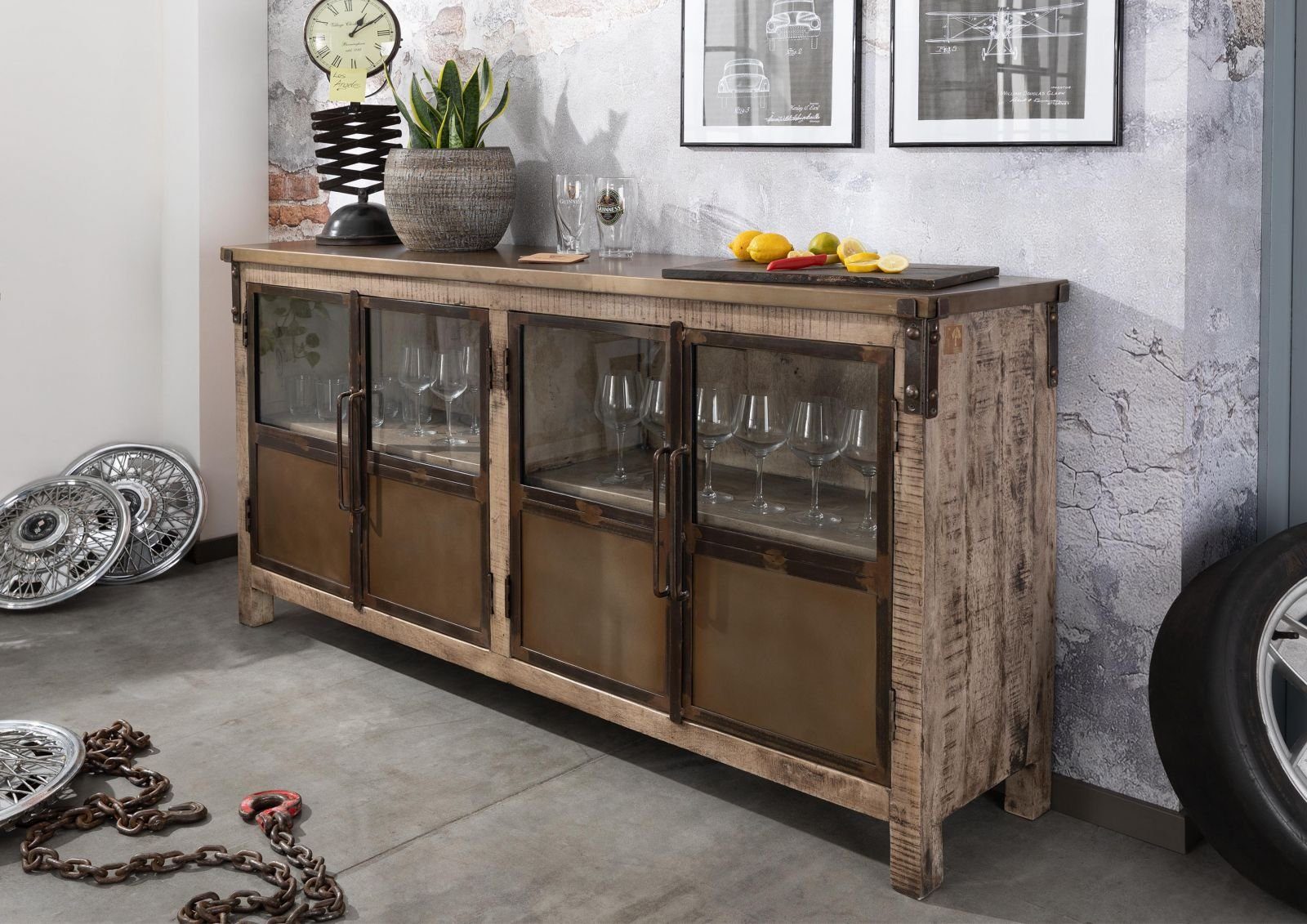 Massivmoebel24 Sideboard Sideboard Mango 180x40x90 braun lackiert HEAVY INDUSTRY #250