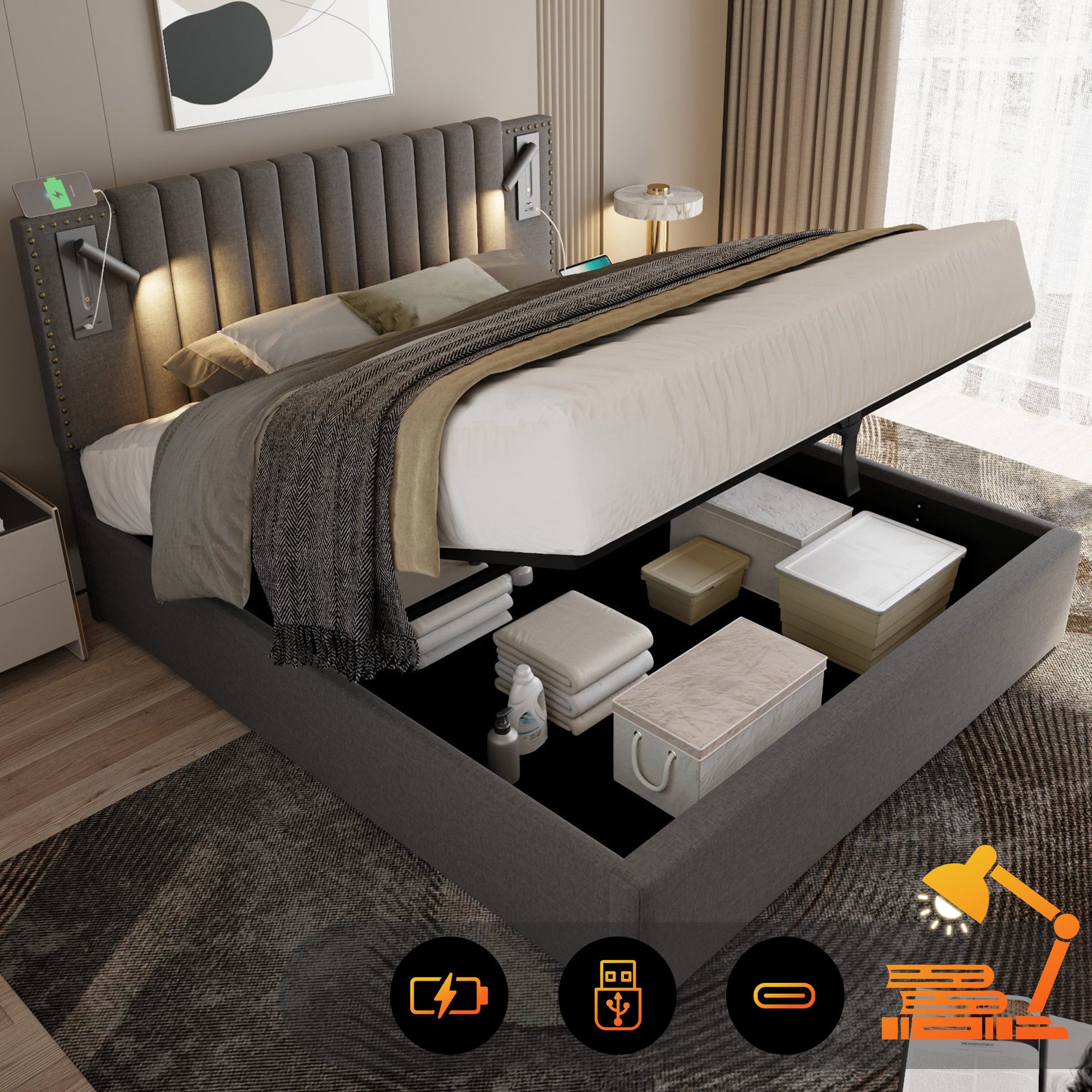 HAUSS SPOLE Polsterbett 140x200 Leselicht mit günstig online kaufen
