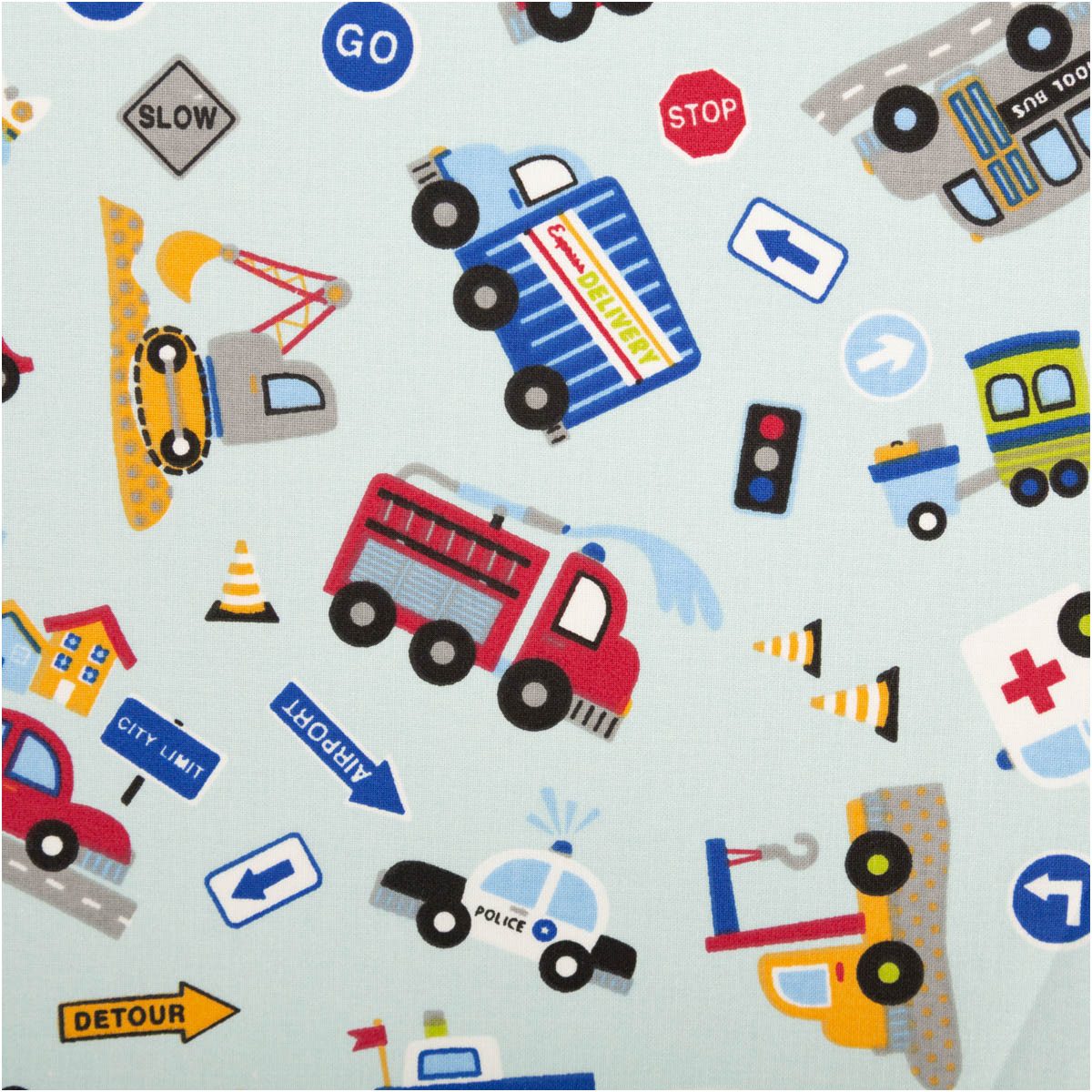 SCHÖNER LEBEN. Stoff Baumwollstoff Cretonne Baufahrzeuge Blau Bunt Meterware 160 cm breit, allergikergeeignet