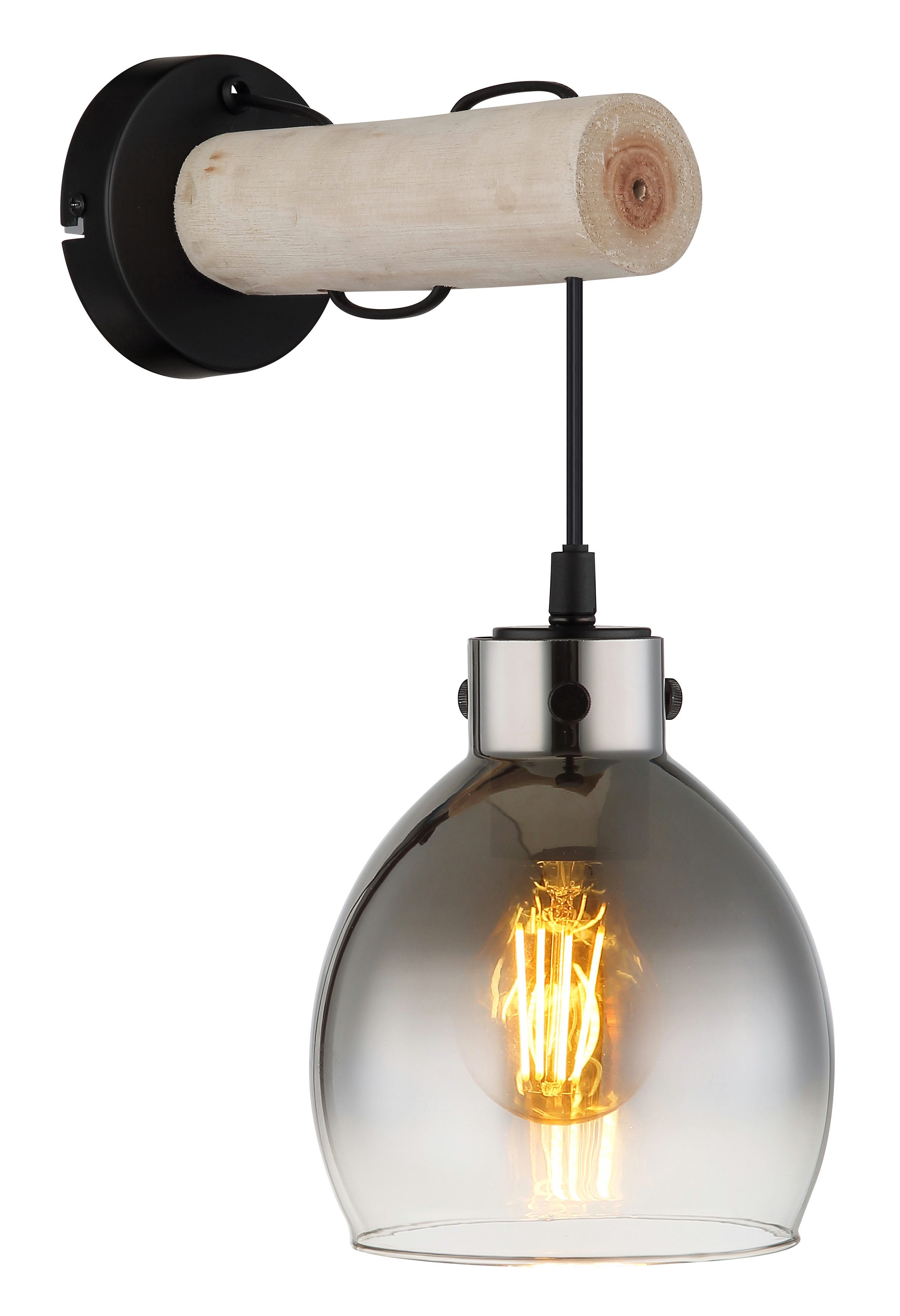 GLOBO LIGHTING Wandleuchte RYAN, ohne Leuchtmittel, Wandlampe/Spot/Wohnzimmer/Flur/Glas rauchfarben/Metall/Holz
