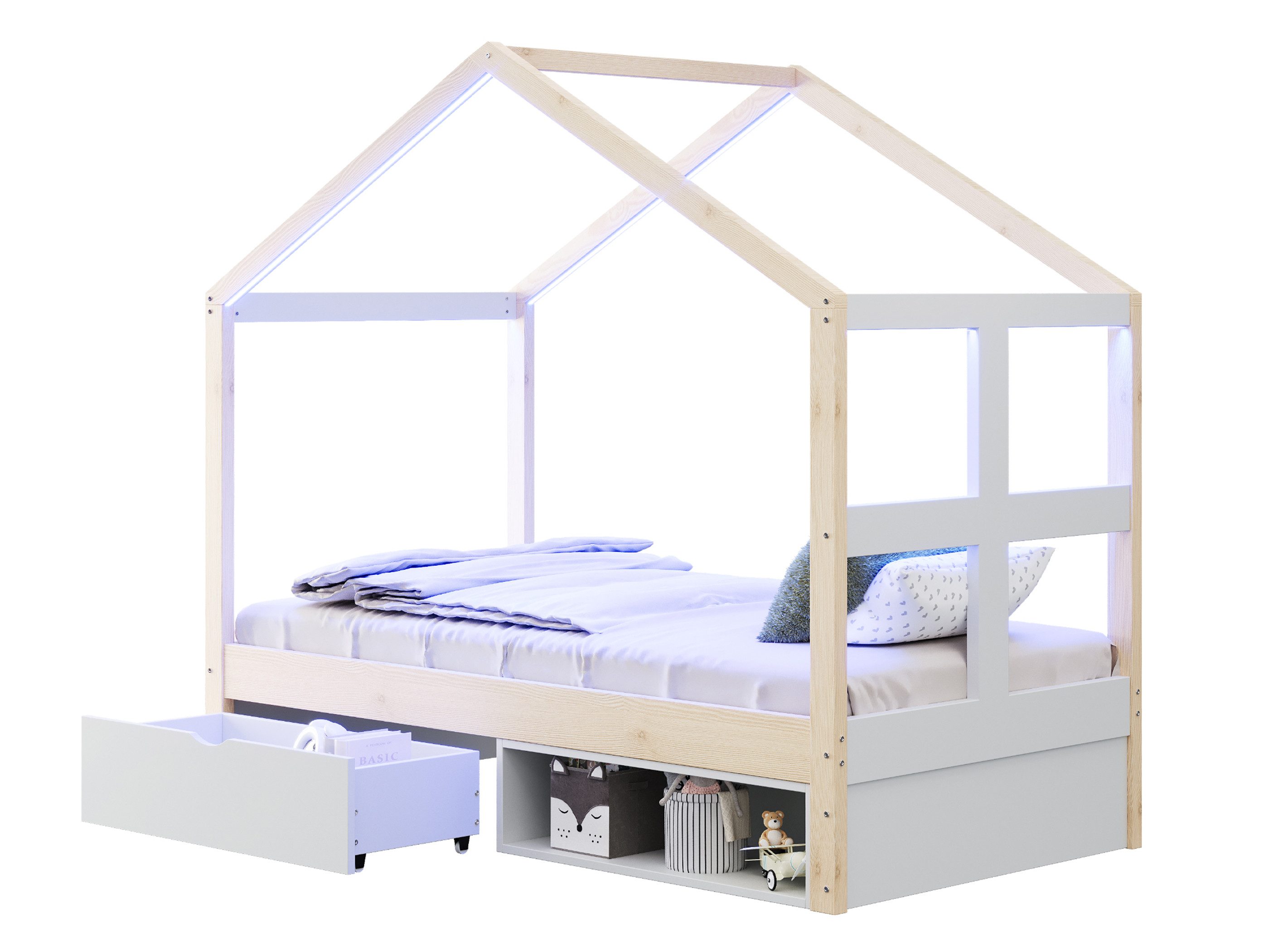 SeedWave Holzbett Hausbett mit Rollen-Schublade, Schuhfach & LED-Beleuchtung, 90×190cm, Himmelbett mit Dachstuhl-Design