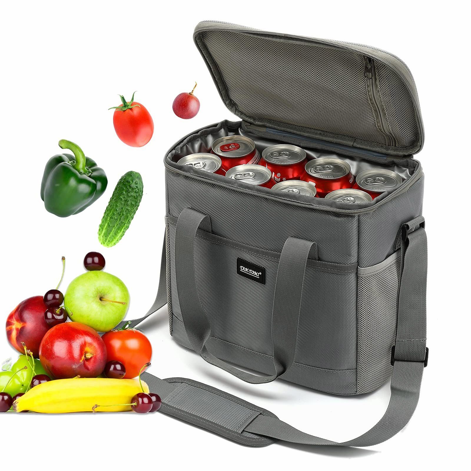 TAN.TOMI Picknickkorb Lunchtasche Kühltasche Isoliertasche Lunchbag Thermotasche, 17.2 Liter faltbar, wasserdicht und mit Reißverschluss perfekt Grau