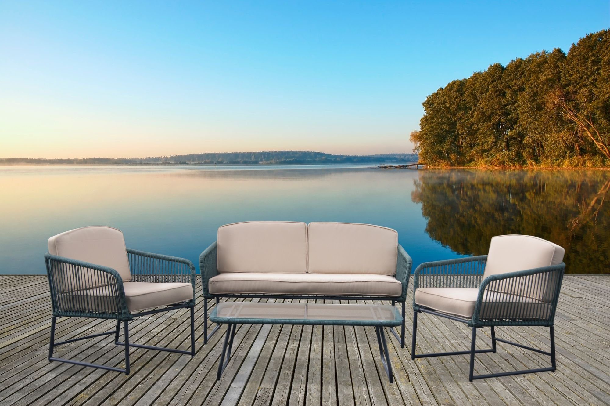 animal-design Loungeset, (1-tlg), 4er-Set Sitzgruppe SUMMERTIME Loungemöbel  Gartenset Terrasse 2 Stühle & 1 Sofa & 1 Tisch mit Glasplatte