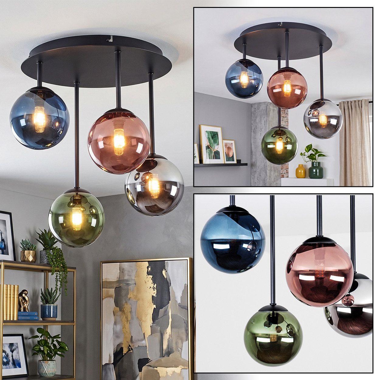hofstein Deckenleuchte Deckenlampe aus Metall/Glas in Schwarz/Blau/Grün/Kupfer/Chrom/Rauch, moderne Deckenleuchte im Retro/Vintage-Design, 4 x G9