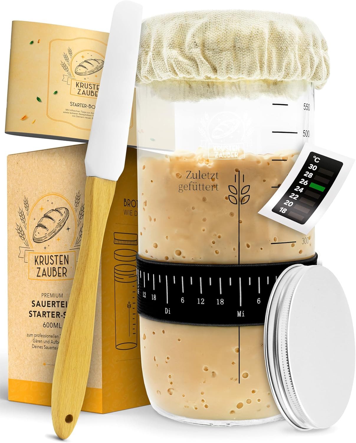 Krustenzauber Fermentationsglas Brotbackform Sauerteig Starter Set - Gärglas mit Spatel u. Thermometer, (1-tlg)