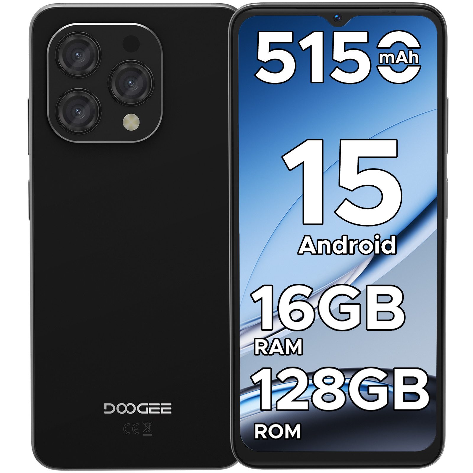DOOGEE N55 Android 15 handy ohne vertrag 16GB +128GB,6.56" HD+ 90Hz Display Smartphone (6.56 Zoll, 128 GB Speicherplatz, 13 MP Kamera, 6.56" HD+ 90Hz IPS,5150mAh Akku, 13MP AI Kamera)