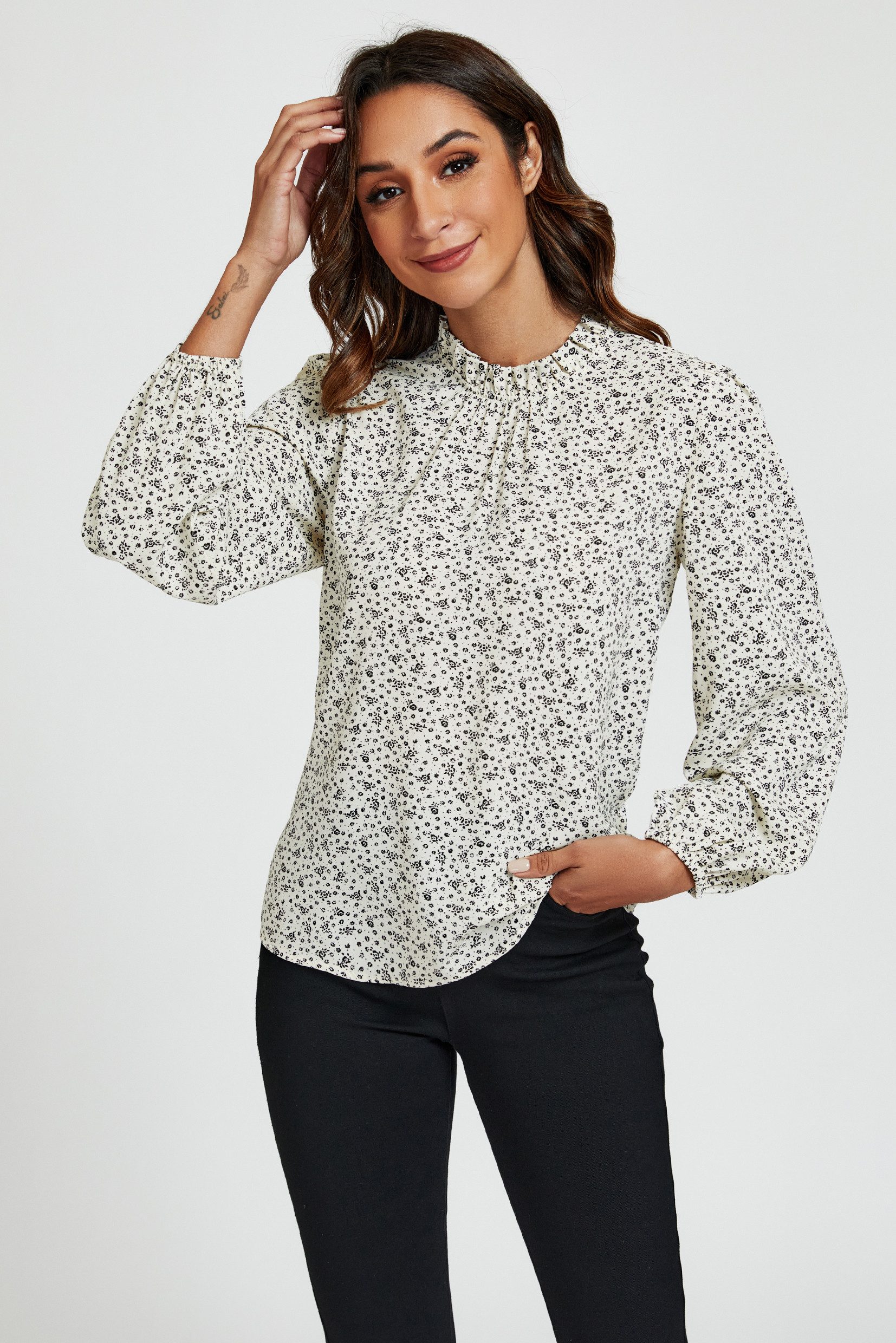 FS Collection Langarmbluse Damen Bluse hochgeschlossenes Oberteil mit Rüschendetail & Blumendruck (XS,S,M,L,XL)