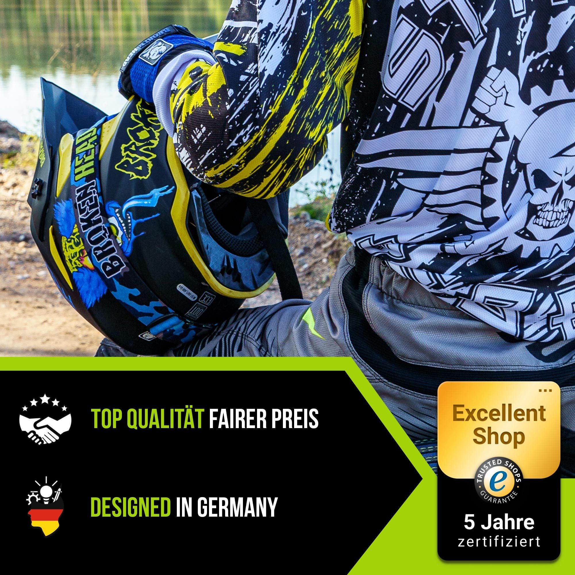 Broken Head Motocrosshelm Broken Head Supermoto und MX-Helm FreakZone Schwarz-Gelb-Blau, Auffälliges Design