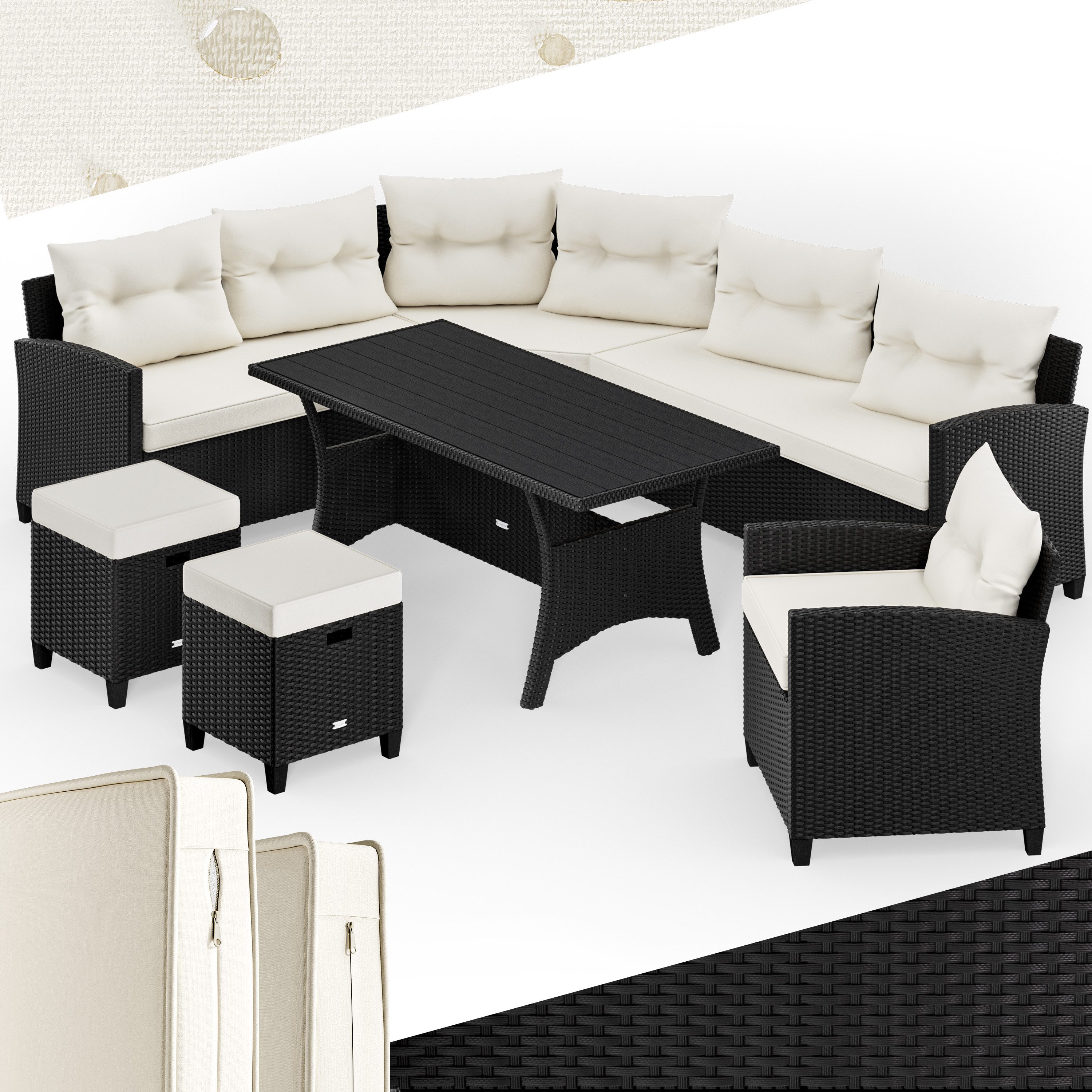 Casaria Gartenlounge-Set Porto, (5-tlg), Polyrattan WPC Esstisch Eckbank 2 Hocker Sessel inkl. Kissen Auflagen