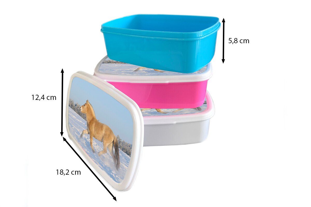 MuchoWow Lunchbox Trabendes Fjordpferd im (2-tlg), Erwachsene, Mädchen Kunststoff, Jungs und Kinder Brotdose, weiß für Schnee, für und Brotbox