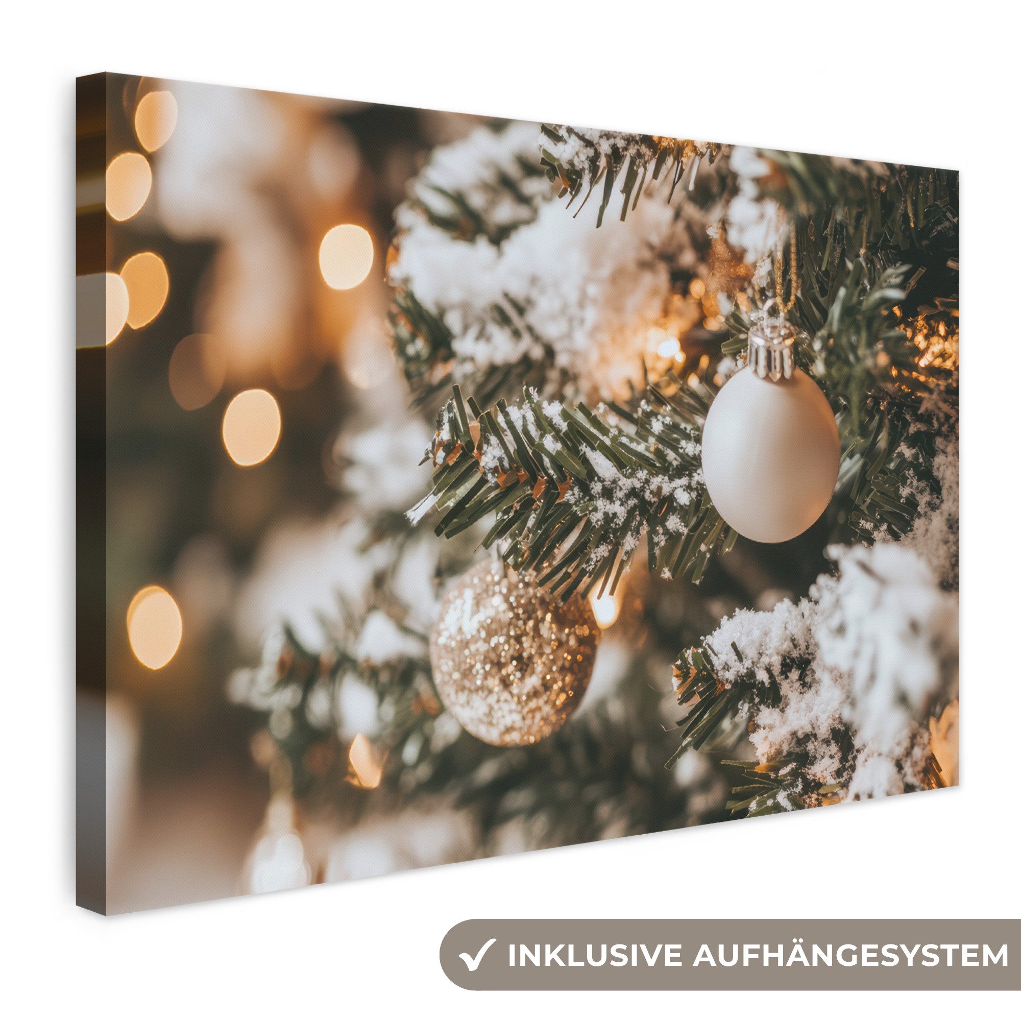 OneMillionCanvasses® Leinwandbild Weihnachten - Weihnachtsbaum - Winter - Innen - Schnee, Fotodruck (1 St), Leinwand Bilder Klein, Wand Dekoration Aesthetic 30x20 cm