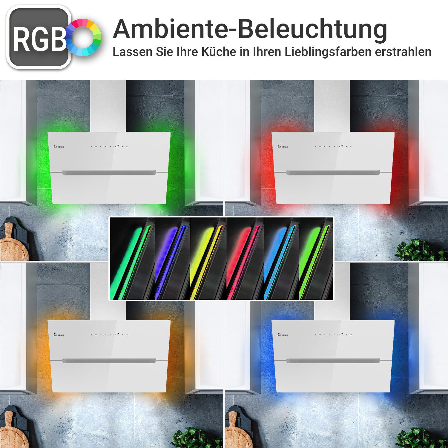 KKT KOLBE Wandhaube Dunstabzugshaube 80cm ECCO8005WM RGBW Ambientebeleuchtung Dunstabzugshaube 80cm ECCO8005WM RGBW Ambientebeleuchtung, Kopffrei / 80cm / Smarte WiFi-App / Weiß / Glas / Schräghaube
