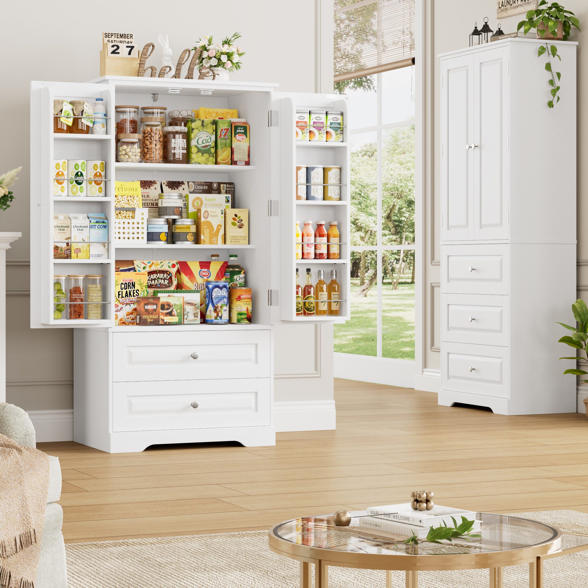 Homfa Mehrzweckschrank Küchenschrank Vorratsschrank Buffetschrank Speiseschrank mit 8 Türregalen, 2 Schubladen, 60x40x120cm
