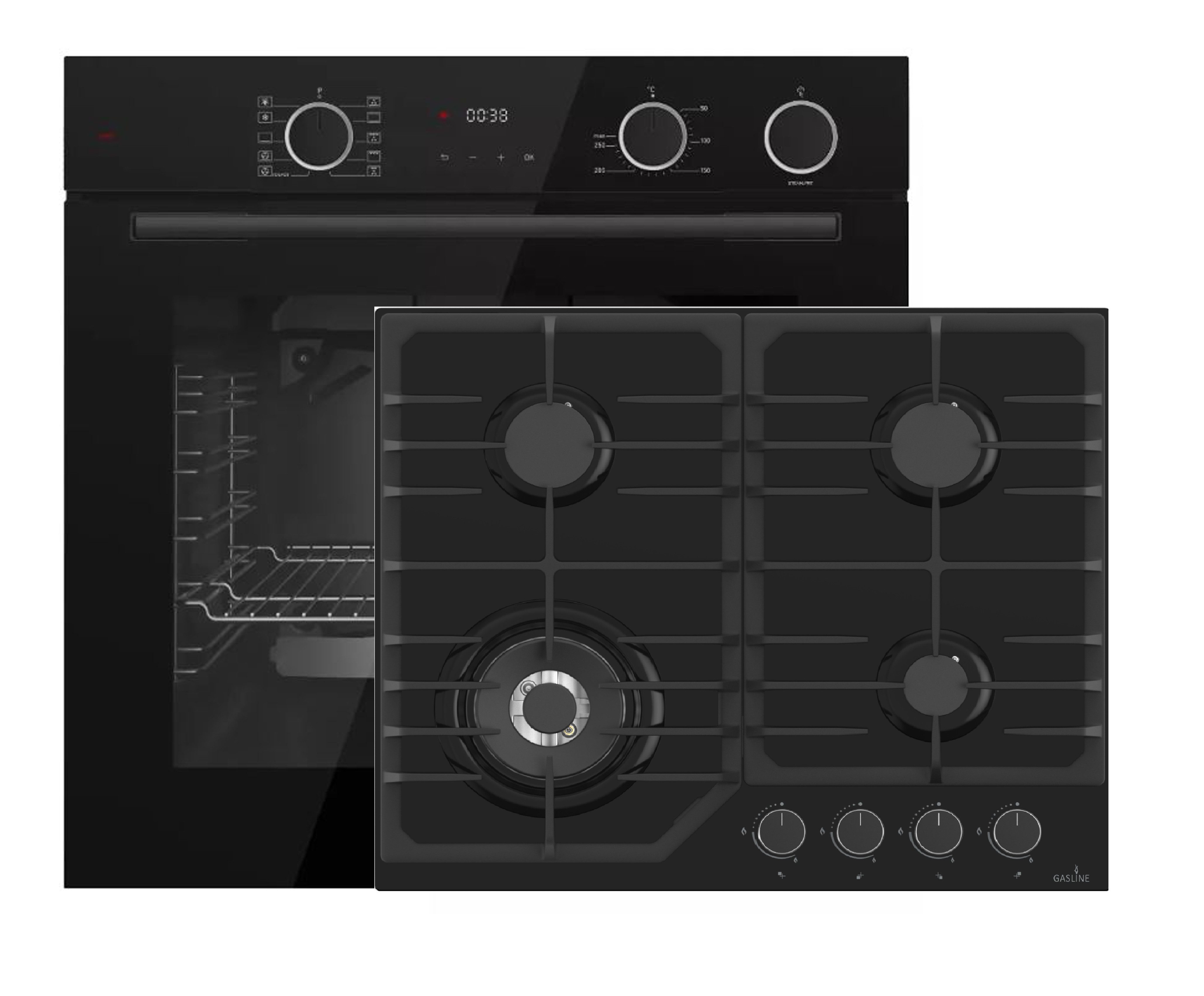 Böhme Elektro-Herd-Set Böhme Einbaubackofen + Gaskochfeld 60cm Glaskeramik mit 4 Brennern WOK