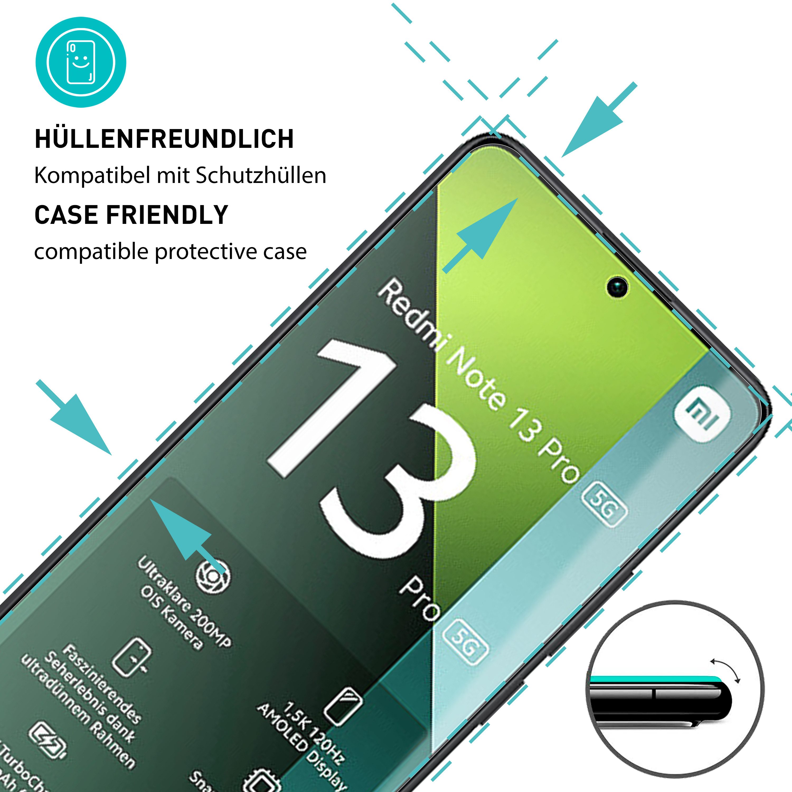 smartect Displayschutzglas 3X Schutzglas Panzerfolie Klar für Xiaomi Redmi Note 13 Pro 5G für Xiaomi Redmi Note 13 Pro 5G, Set, 3 Stück, 0.3 mm Ultra-klar, 9H H – Bild 2 von 5