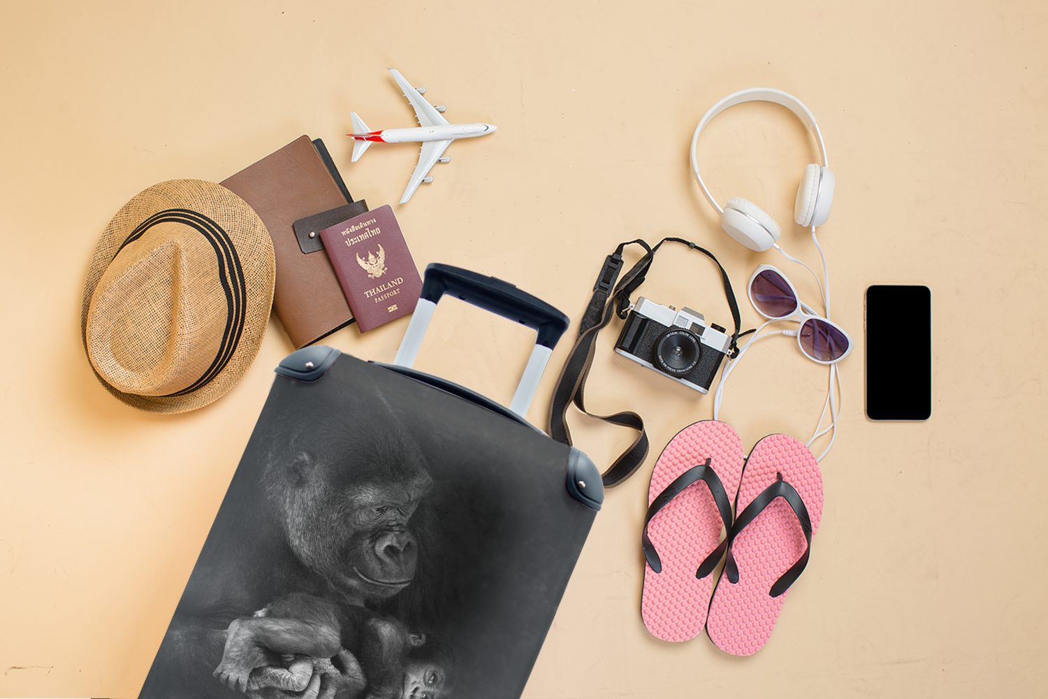 mit und 4 den Reisekoffer Gorilla, Handgepäckkoffer Händen für der ein Handgepäck MuchoWow Affenbaby Ein Trolley, Schwarz Rollen, hält, Ferien, rollen, in in Weiß, Reisetasche