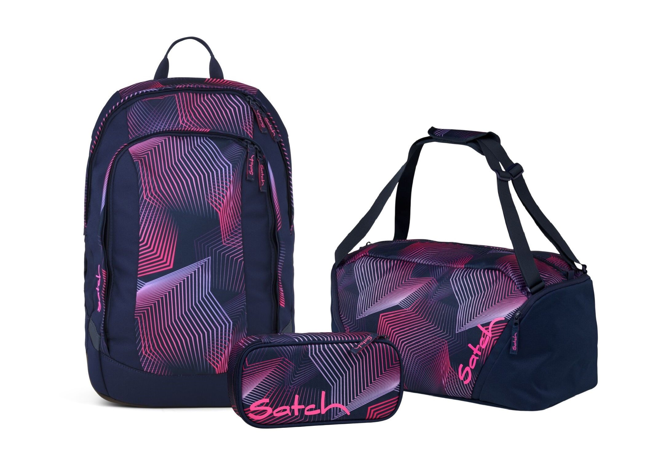 Satch Schulranzen Schulrucksack-Set AIR Seismic Pink 3-teilig (3-teilig), Schulranzen, ergonomisch, Laptop-Fach, Your-Size-System