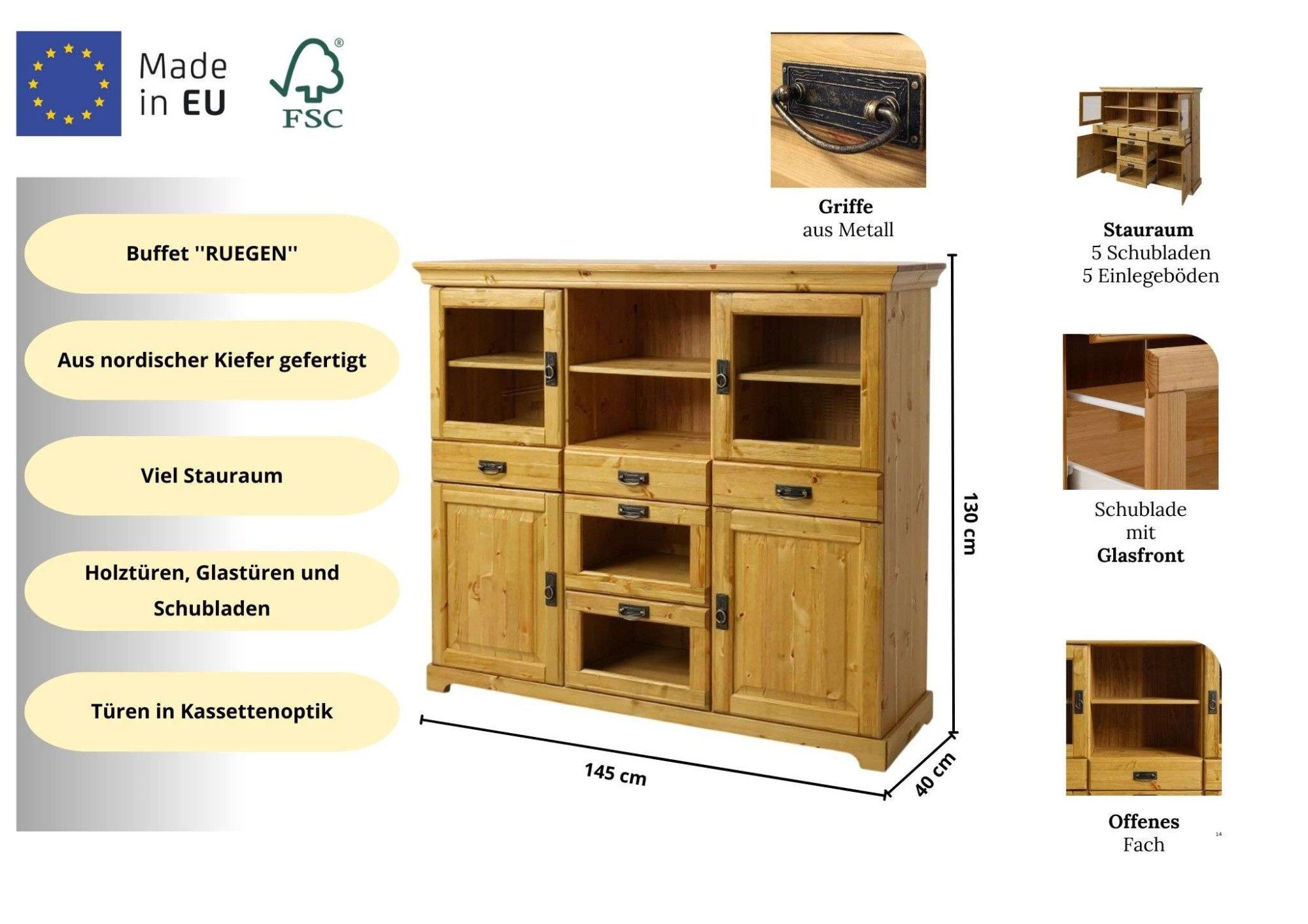 OTTO home Sideboard Rügen, aus massiver Kiefer, Breite 145 cm, made in EU