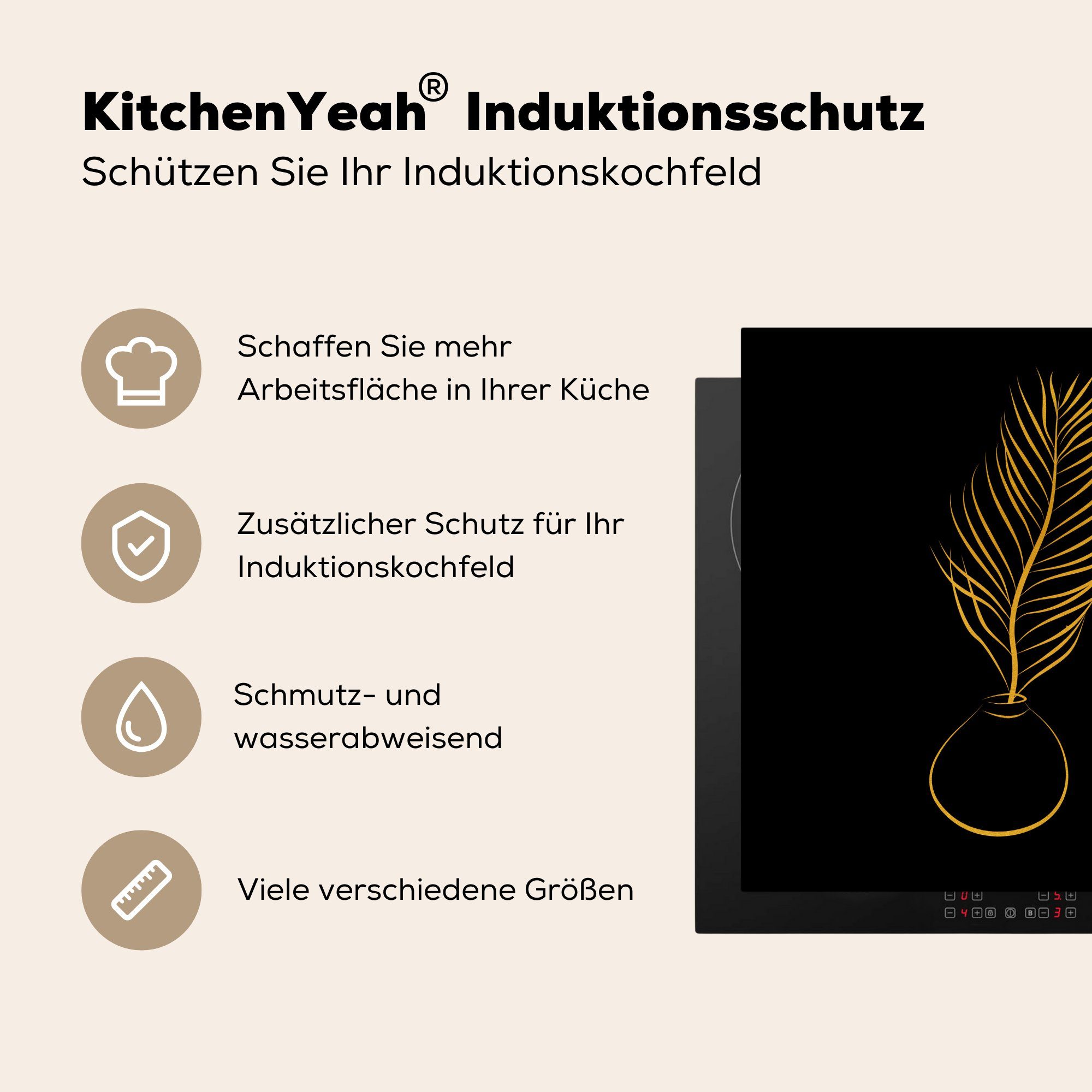 MuchoWow Herdblende-/Abdeckplatte Pflanze cm, - Arbeitsplatte Schwarz - Gold küche Vinyl, - Strichzeichnung, (1 78x78 für Ceranfeldabdeckung, tlg)