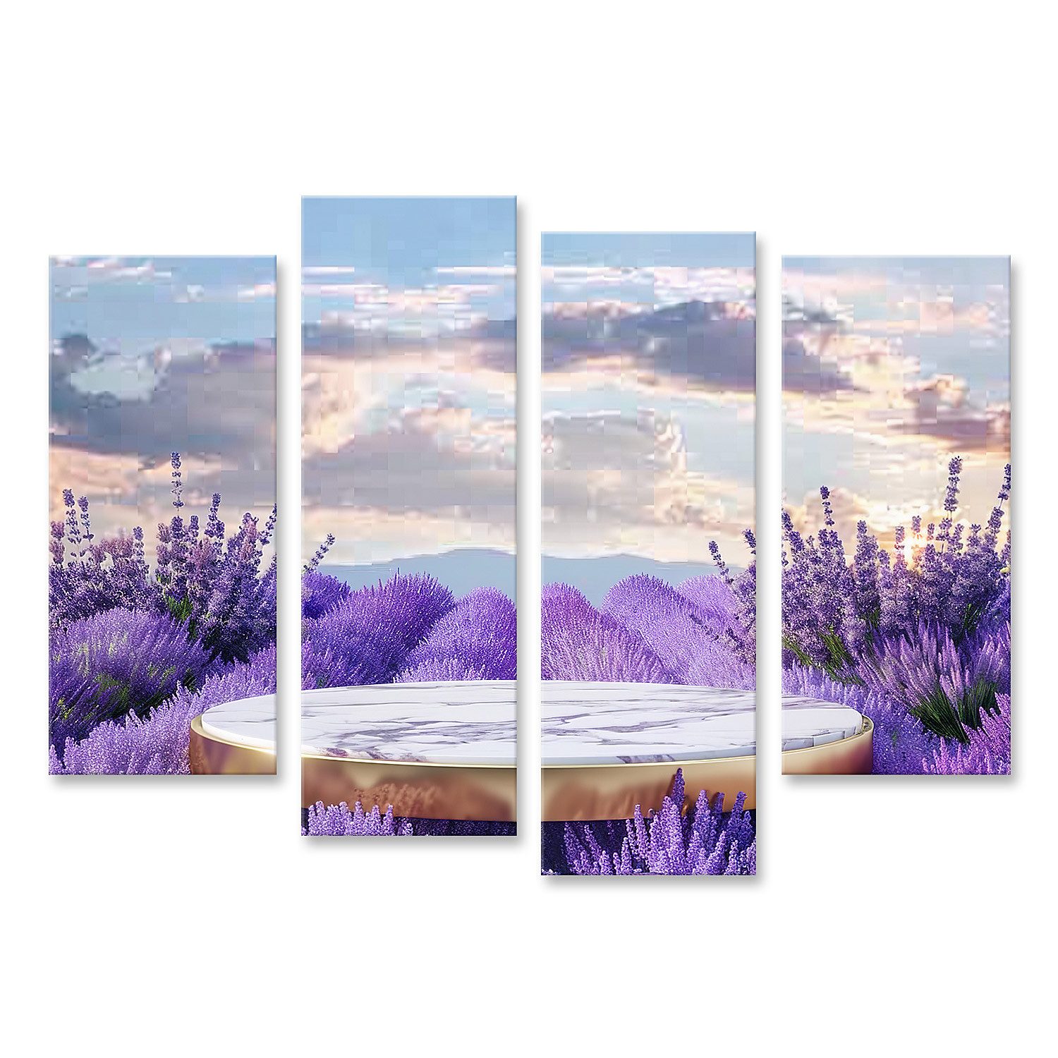 islandburner Leinwandbild Ein Marmortisch steht einsam und schön in üppigen Lavendelfeldern Essz