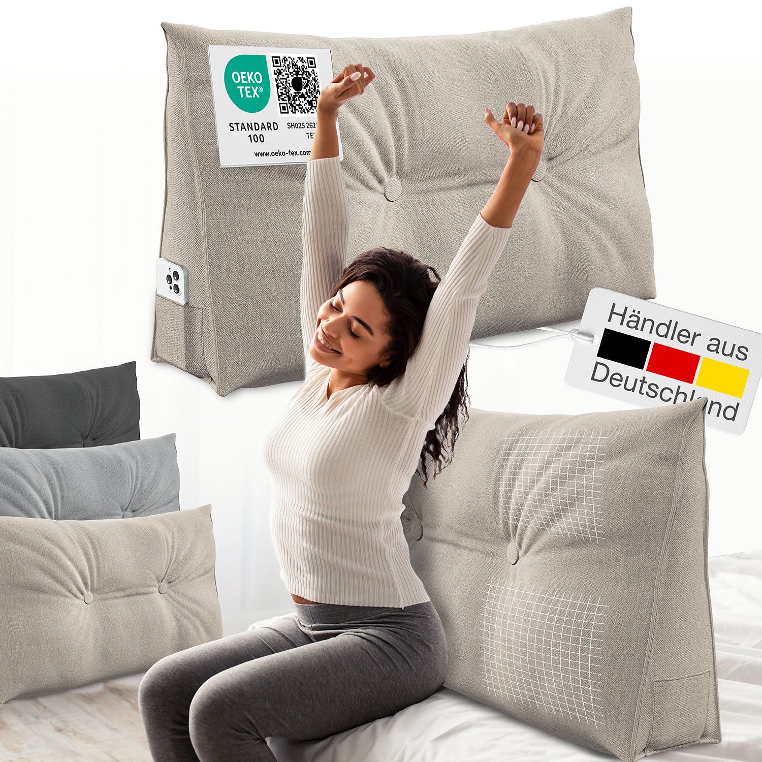 ELONEO Rückenkissen Клиновая подушка für Bett und Sofa, Lesekissen mit praktischem Seitenfach, 1-tlg., mit praktischem Seitenfach, Lesekissen, mit waschbarem Bezug