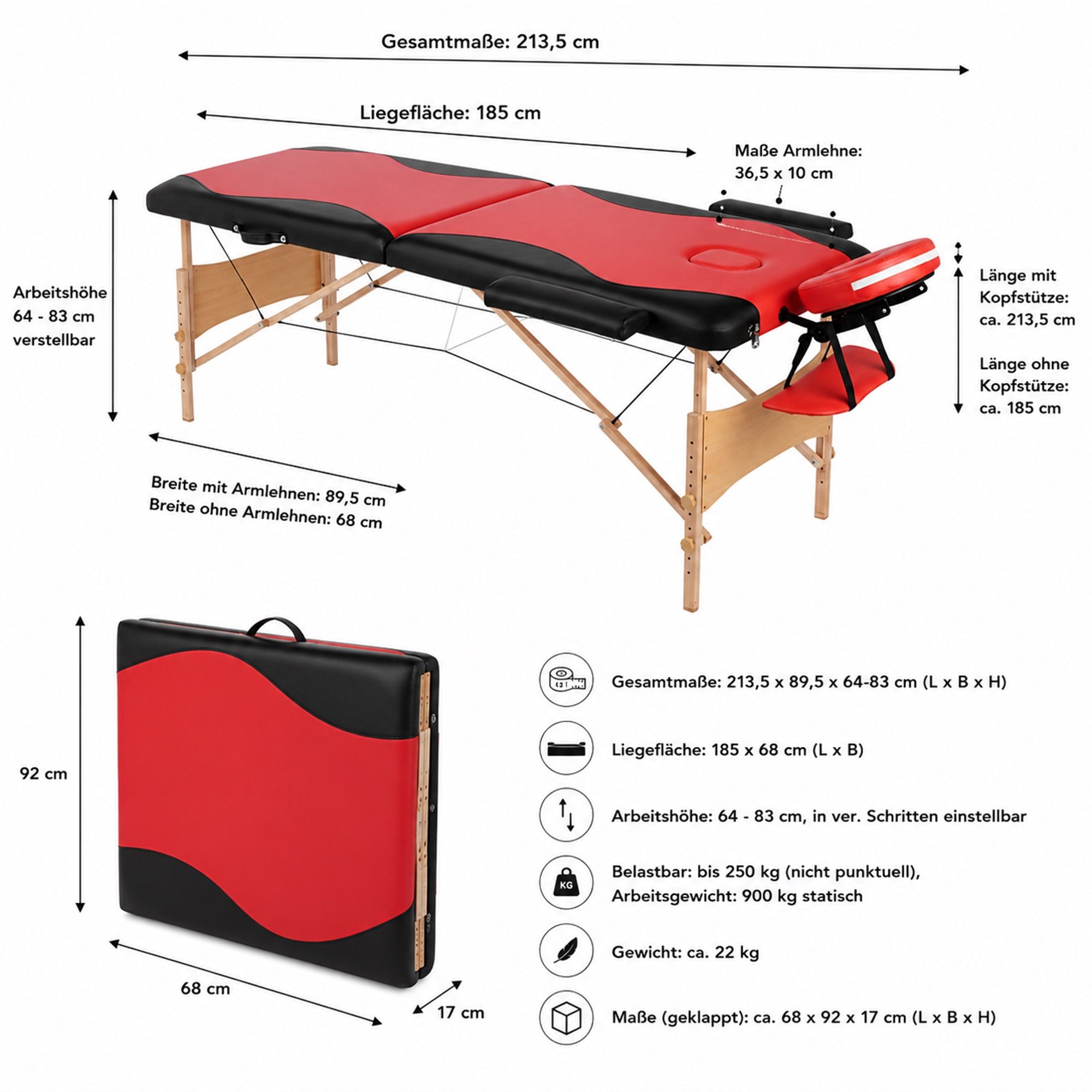 Mucola Massageliege Massageliege 2 Zonen Kopfstütze Ergonomisch Weiß Rot Gelb Creme Mobile (Stück, Liege), flexibel Einstellbar