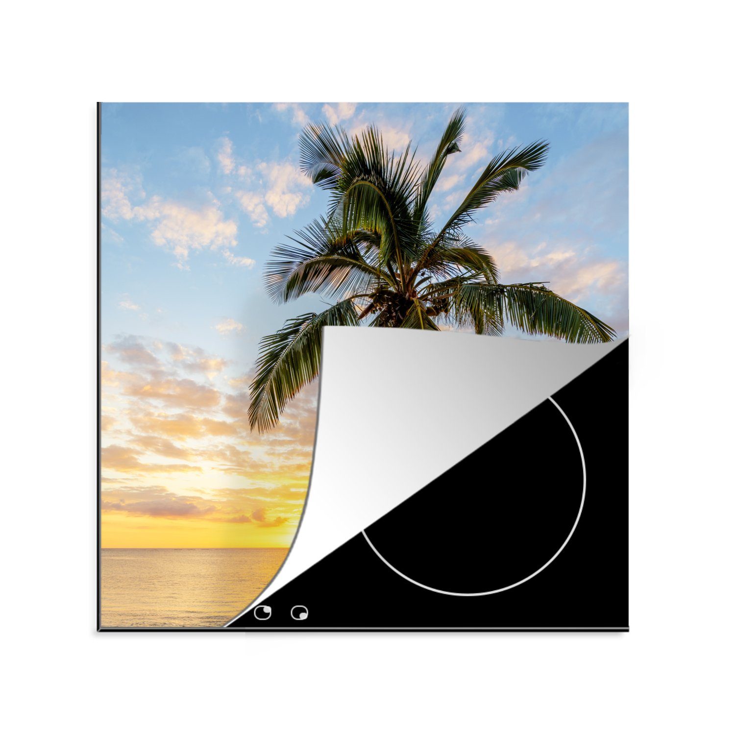 78x78 Palme küche Ceranfeldabdeckung, Vinyl, - für Herdblende-/Abdeckplatte tlg), Strand MuchoWow - cm, Arbeitsplatte Sonnenuntergang, (1