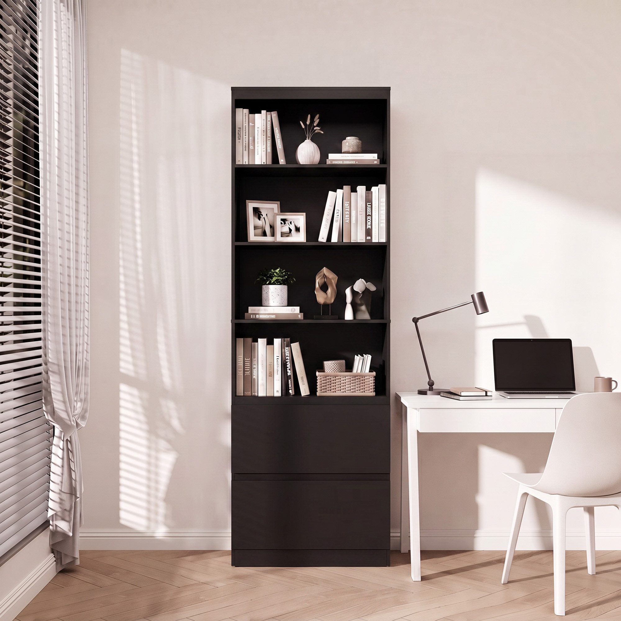 Blishom Bücherregal Schmales Bücherregal mit 4 Ablagen und 2 Schubladen, Offener Aufbewahrungsschrank mit Kippschutz – Bild 3 von 5