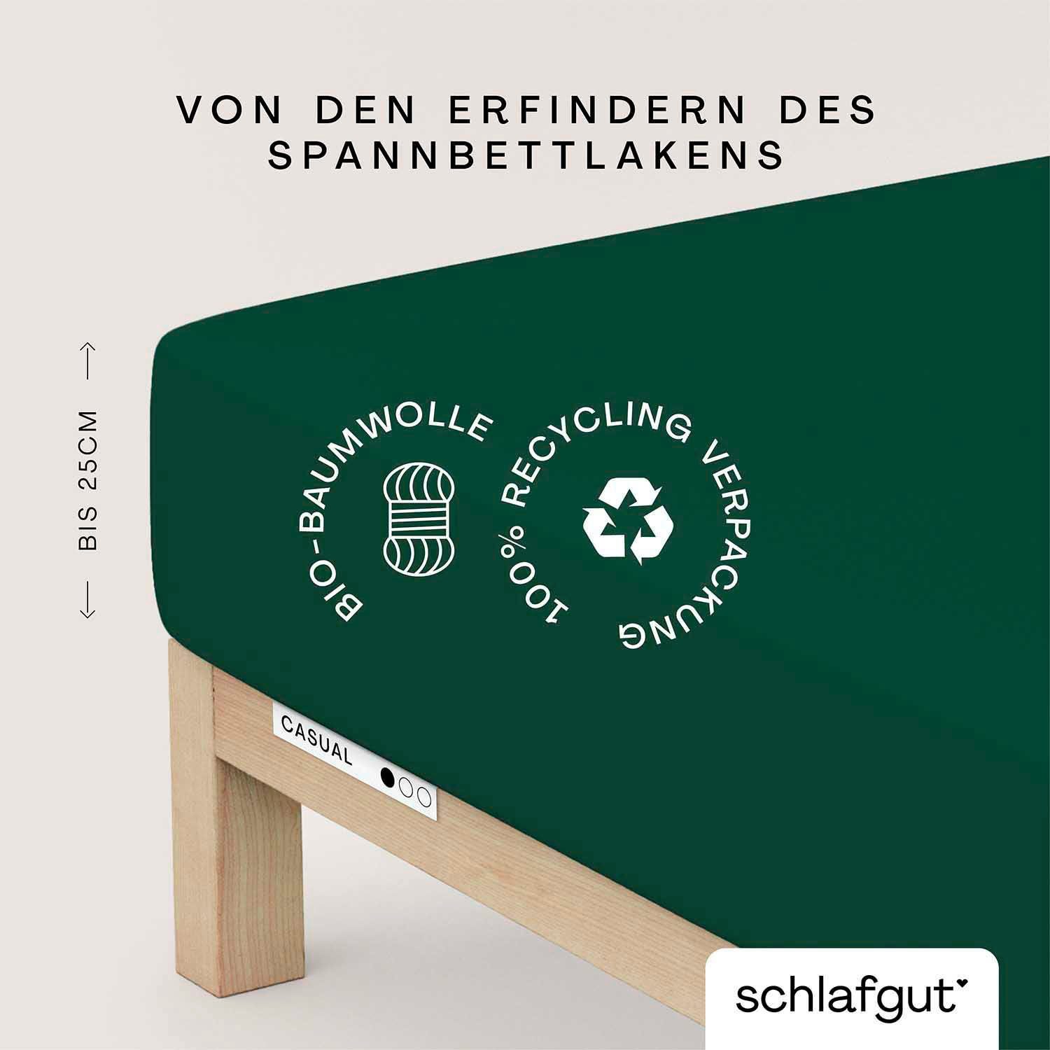 Schlafgut Spannbettlaken CASUAL Bettlaken 100% gekämmte Bio-Baumwolle, 150 g/m², Spannbetttuch, Jersey, Gummizug: rundum, (1 Stück), Bettlaken bis 25 cm Höhe, langlebig, weich, Antipilling-Ausrüstung