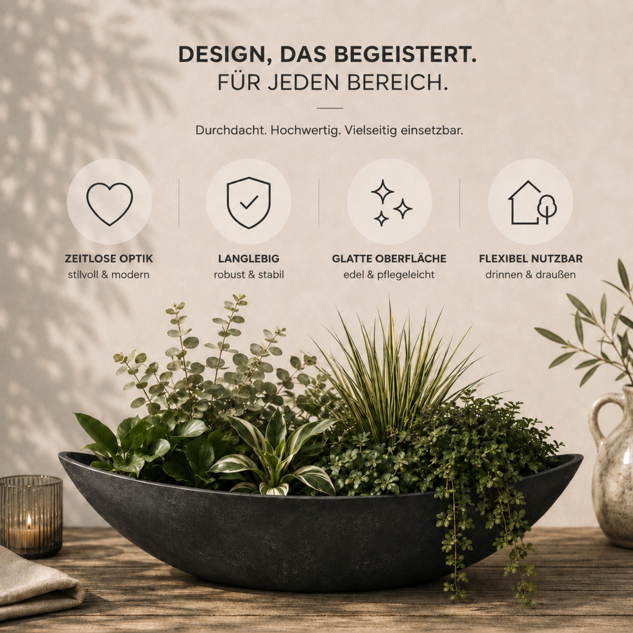 matches21 HOME & HOBBY Blumentopf Große Pflanzschale oval 66 cm für draussen Dekoschale schwarz (1 St), Blumen-Schale als wetterfeste Friedhof-Schale Grab-Schmu – Bild 4 von 5