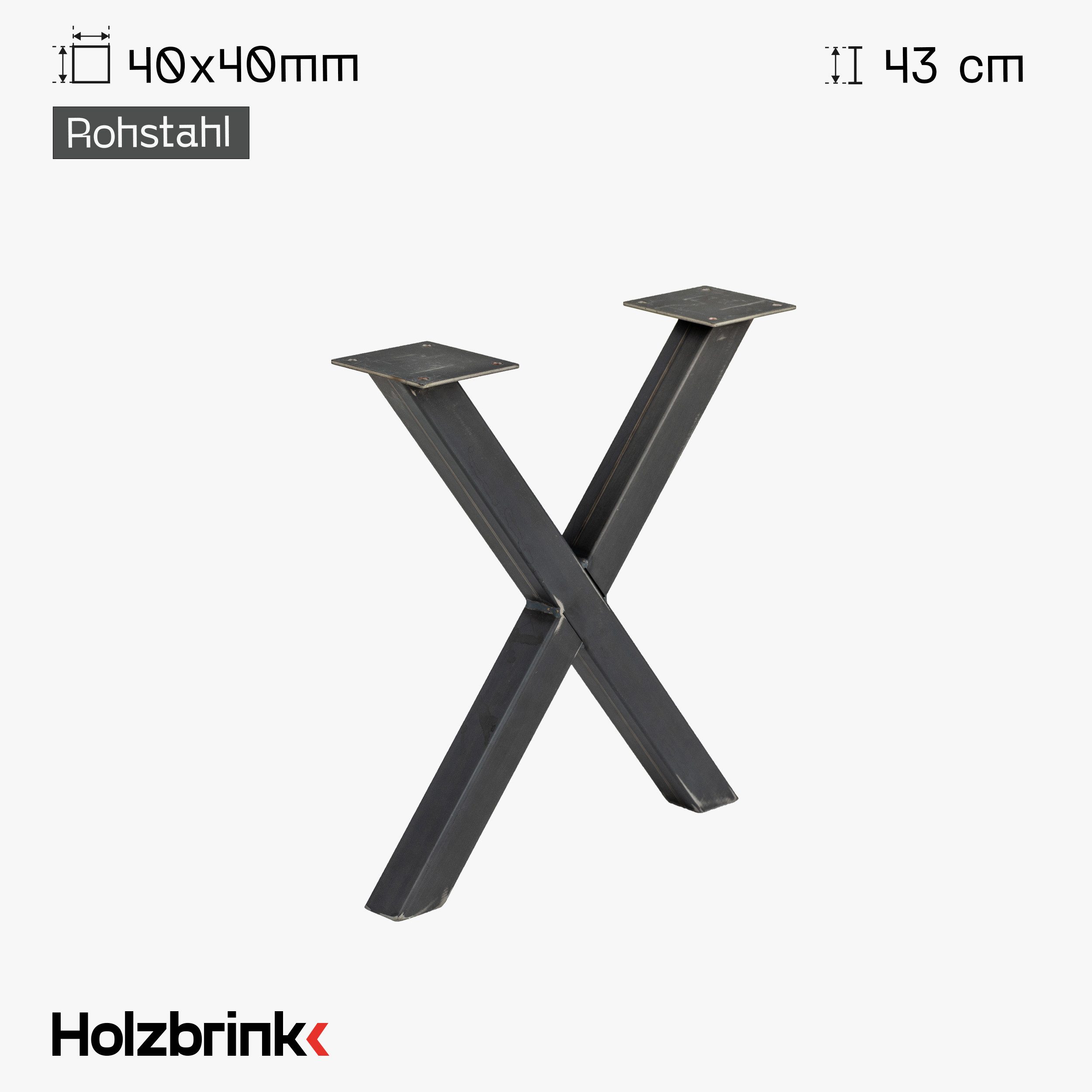 HOLZBRINK Tischbein Tischbeine Metall Rohstahl mit Klarlack X-form, Tischkufen/Tischgestell für Couchtisch 1 Stück Möbelfüße 30x43 cm